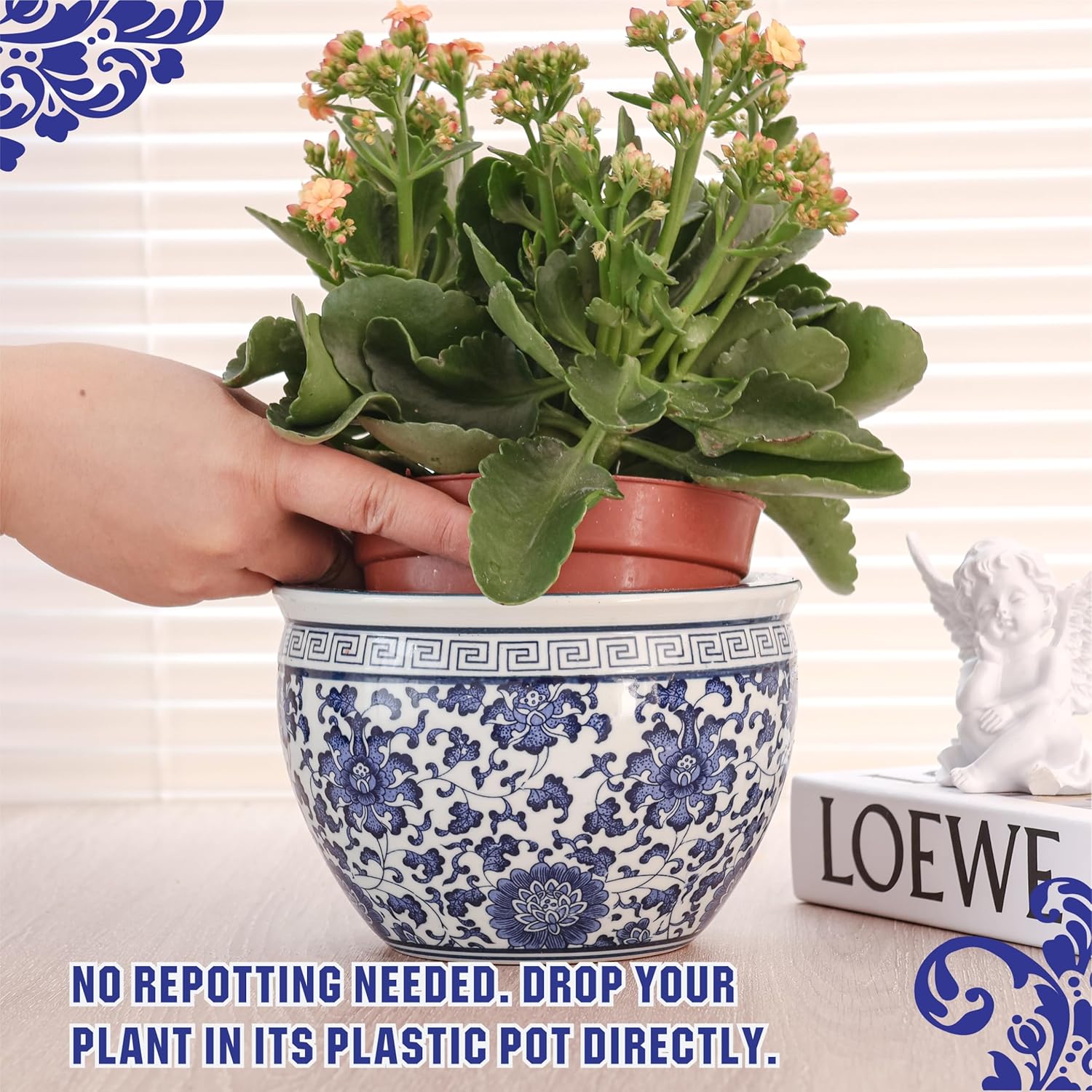 Blue and White Chinoiserie Planter Set, No Drainage Hole - Twin Pack Ceramic Cachepots for Plants & Fish Bowl, Large & Small Oriental Decor (Large & Small)