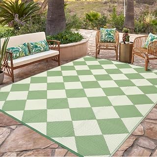 GarveeHome Outdoor Rug 9x18 ft Waterproof Mat Reversible Outdoor Plastic Straw Rug Patio Rugs Camping Rugs Portable Outside Mat for RV Porch Balcony Backyard Picnic Beach Green Diamond
