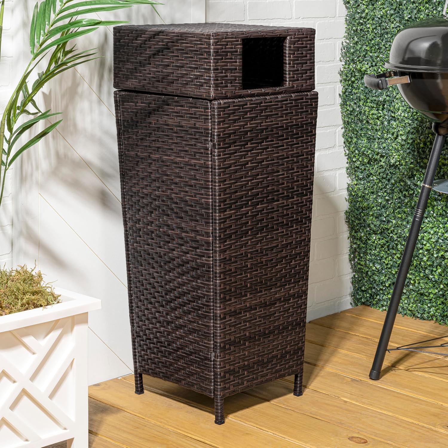 happimess HPM1203A Keaton Modern 24.13-Gallon All-Weather Wicker/Metal Lidded Hideaway Outdoor Trash Can, Brown, Classic, Coastal, Casual Wastebin for Backyard, Patio, Porch, Kitchen