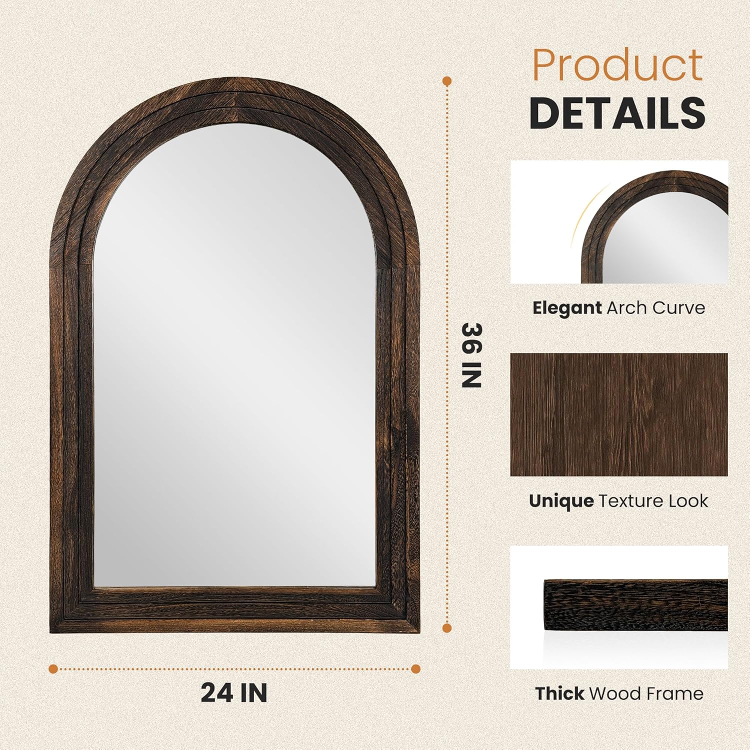 Arched Bathroom Mirror, 36"x24" Brown Wood Frame Wall Mirror, Farmhouse Vintage Vanity Mirror with Layered Frame for Entryway, Living Room, Bedroom