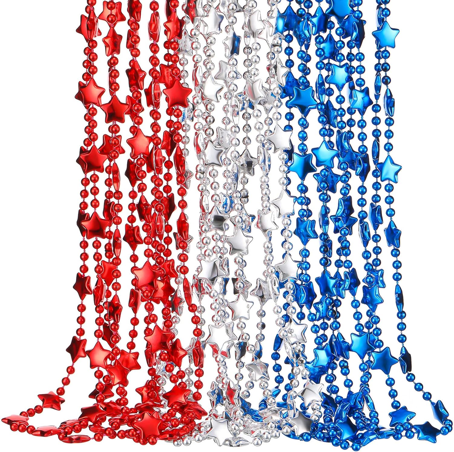 Junkin 120 Pcs 4th of July Beads Necklaces USA Metallic Blue Silver Red Star Necklaces Decoration Bulk American Patriotic Party Supplies for Independence Day Parades Election Memorial Veterans Day