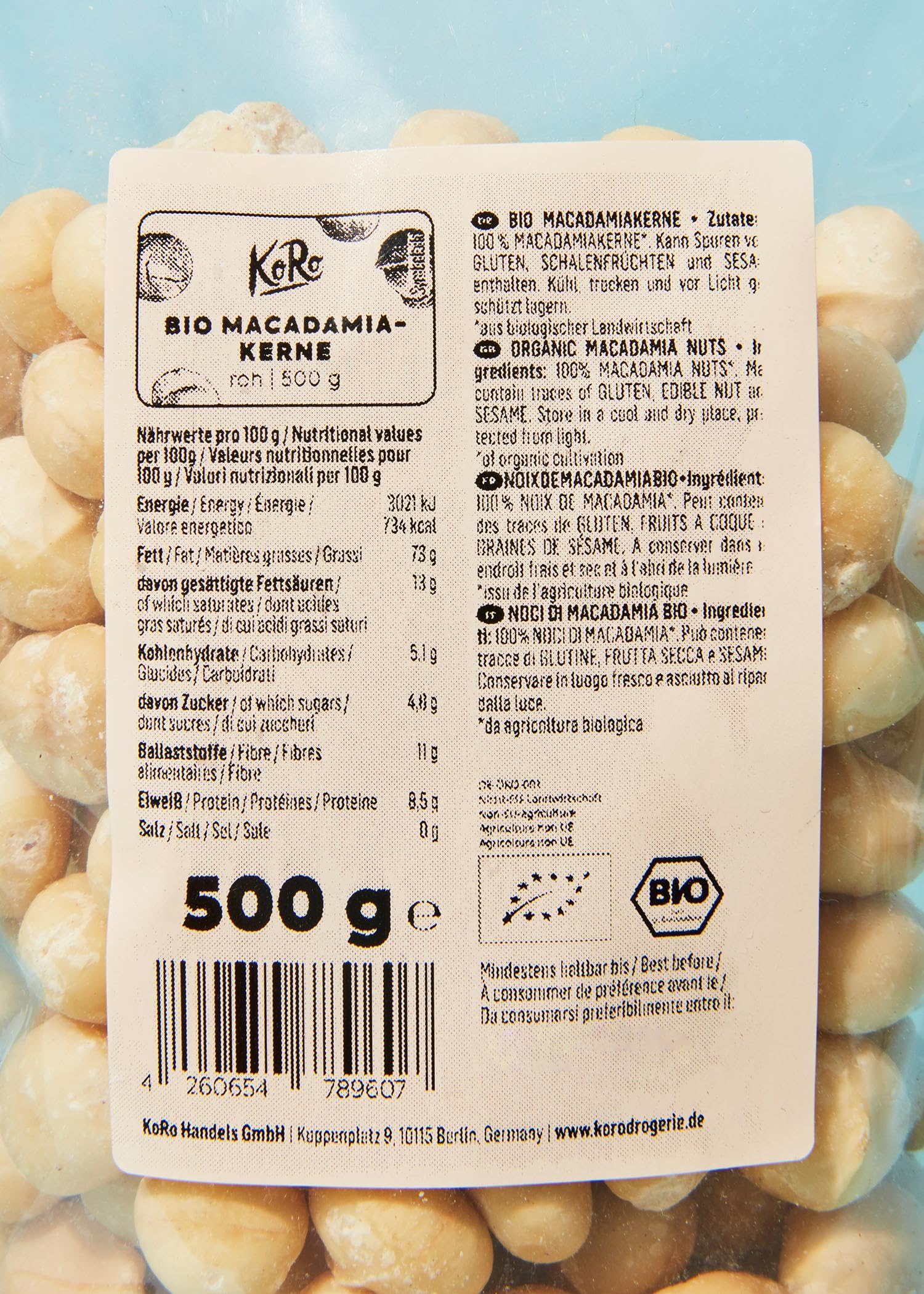 KoRo - Noci di Macadamia bio 500 g - Aroma delicato e burroso – Extra croccanti – Confezione convenienza – Bio e senza additivi