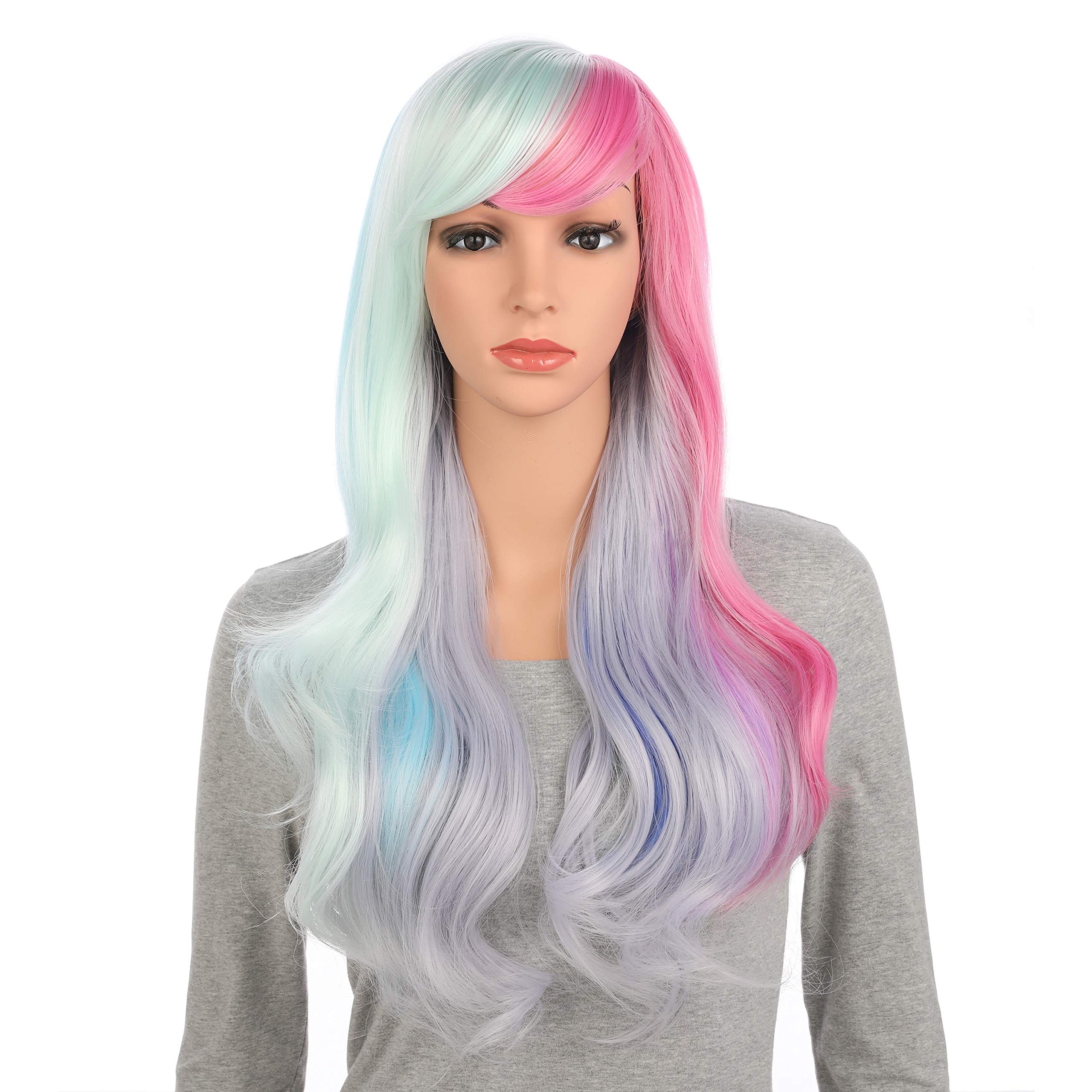 Onedor Long Curly Multi-Color Colorful Hair Full Wigs - Charming Wig (Blue Purple Pink