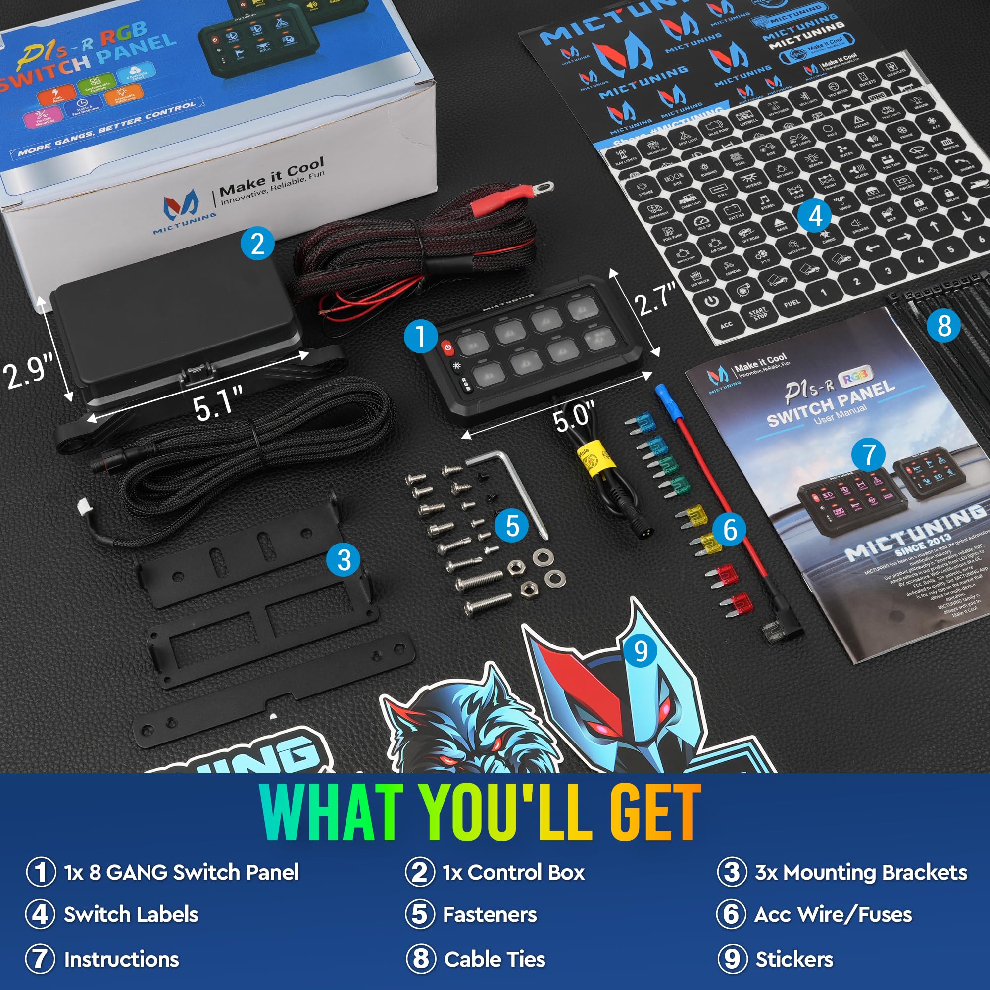MICTUNING RGB 8-biegowy panel przełączników z systemem przekaźników, wielofunkcyjny przełącznik kołyskowy, chwilowe przełączanie, sterowanie do samochodów ciężarowych, SUV-ów, łodzi terenowych