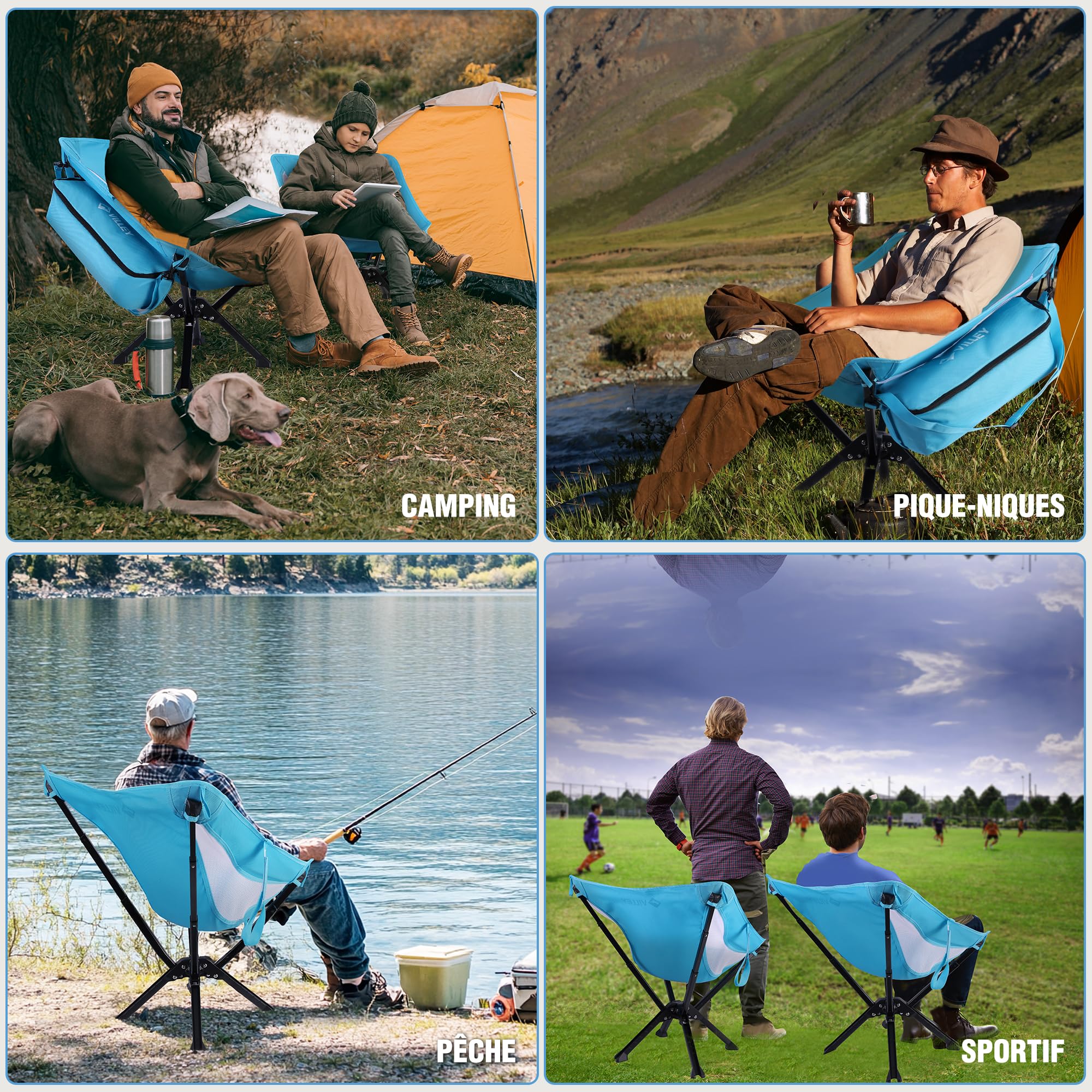 VILLEY Chaise Pliante Camping Légère Bleue | Chaise Pliable Portable avec Sac de Transport, Capacité 150 kg, pour Camping, Voyage, Randonnée, Pique-Nique, Festival