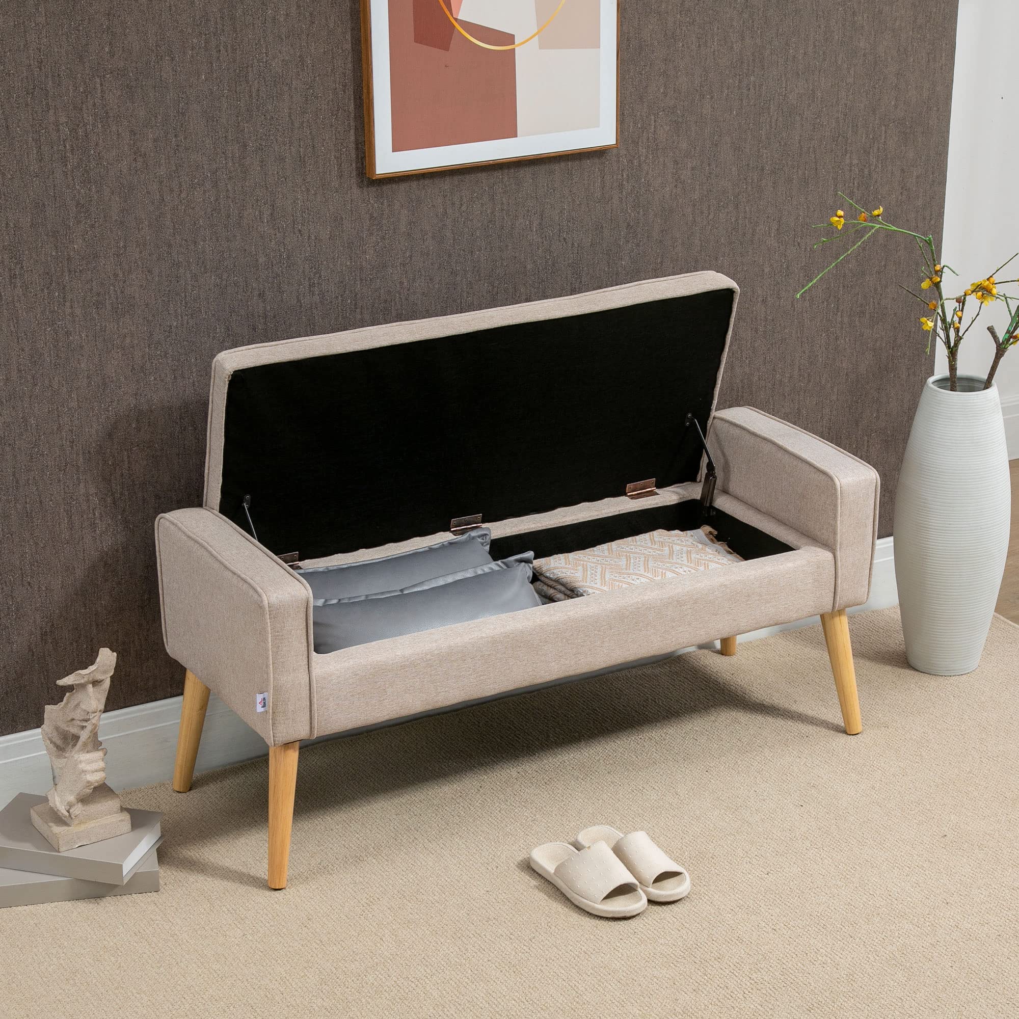 HOMCOM Puff Almacenaje Banco Almacenaje Tapizado en Lino Sintético con Tapa Abatible y Patas de Madera para Dormitorio Salón Entrada Carga 120 kg 120x45x54 cm Beige