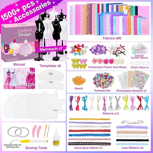 Miniatura 9 de MINIFUN Kit de diseño de moda para niñas, kit de costura con 4 maniquíes, actividades de arte y manualidades para niños, kit de fabricación de ropa