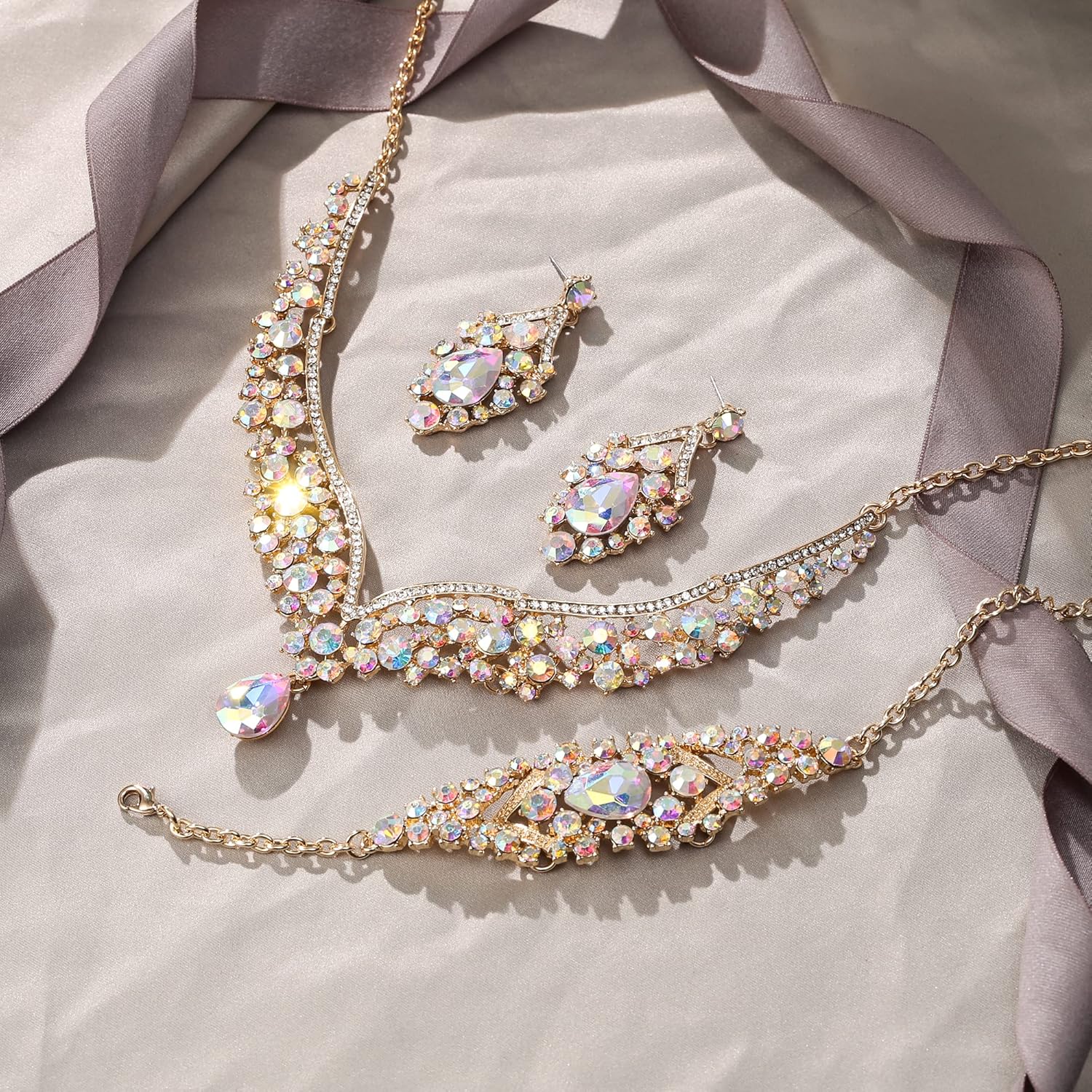 EVER FAITH Wedding Jewelry for Bride Austrian Crystal Elegant V-Shaped Statement Teardrop Necklace Earrings Bracelet Set - Image 4