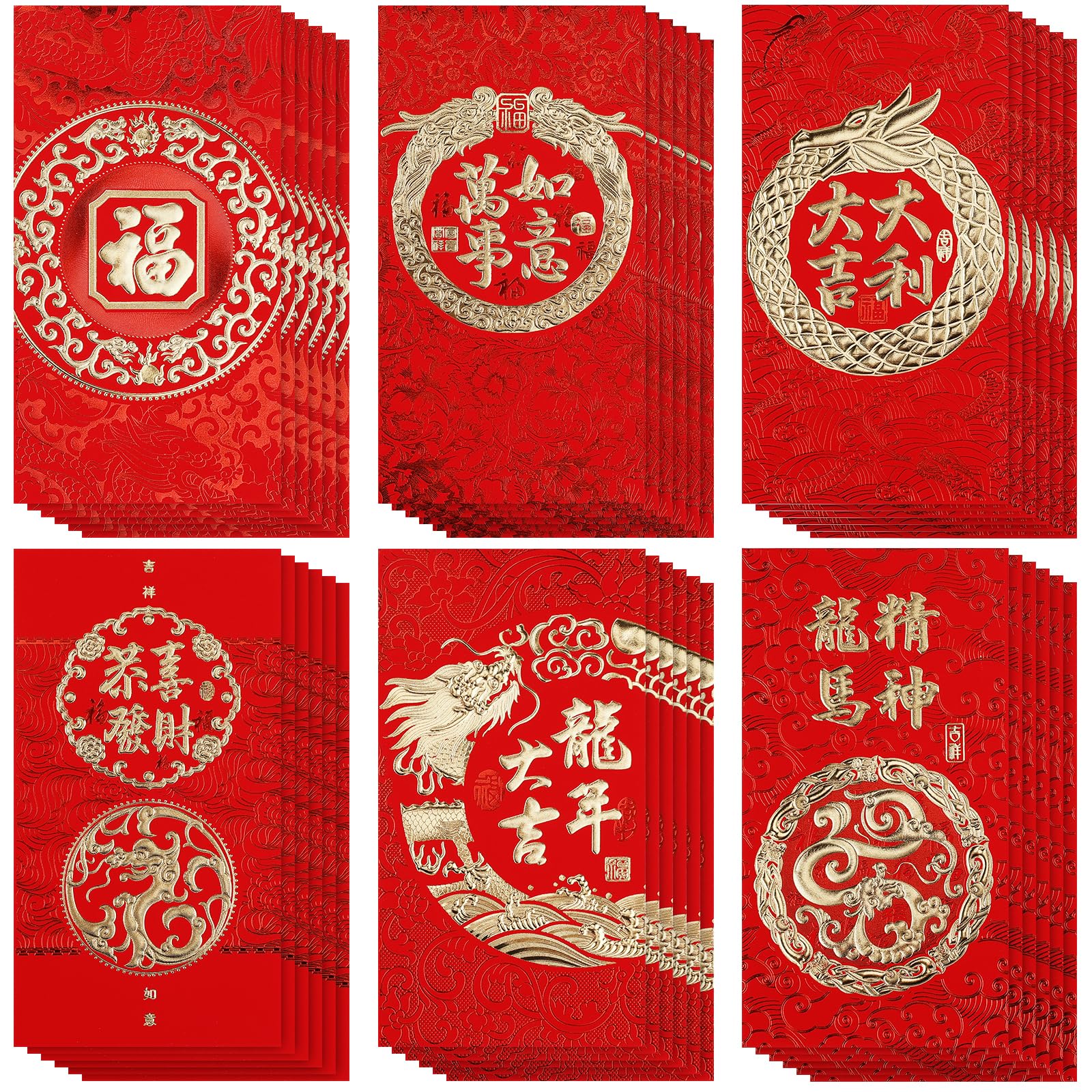 PEUTIER 36PCS Chinese New Year Red Envelopes 2024 Dragon Lucky Money Red Packet Envelopes Hong Bao with Classic Chinese Patterns and Blessing Words (6 Styles)