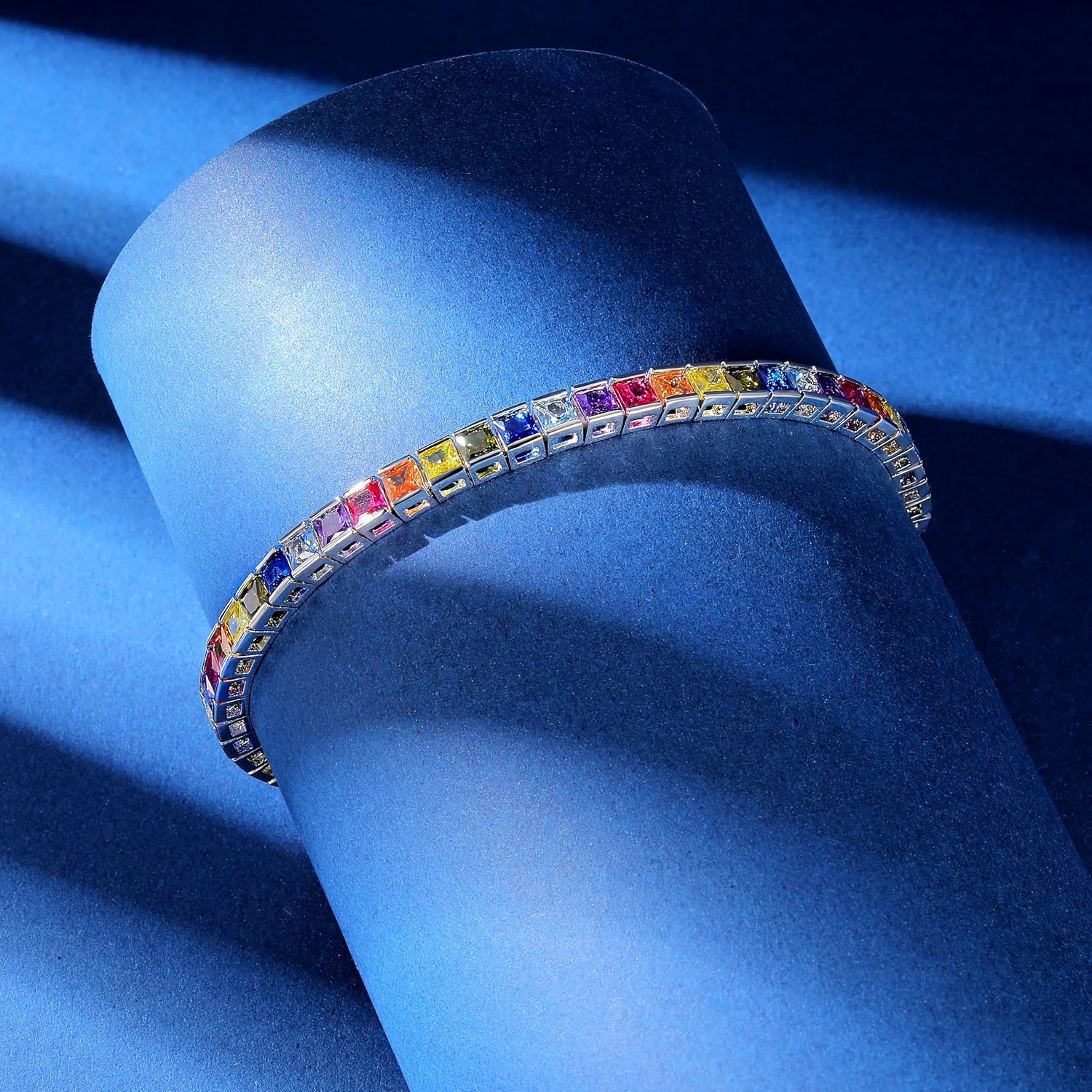 Gemsme 2 * 2mm Rainbow Square Tennis Bracelet, 2.0mm Thin 18K White/Yellow Gold Plated Square Colorful Cubic Zirconia Tennis Bracelet for Women