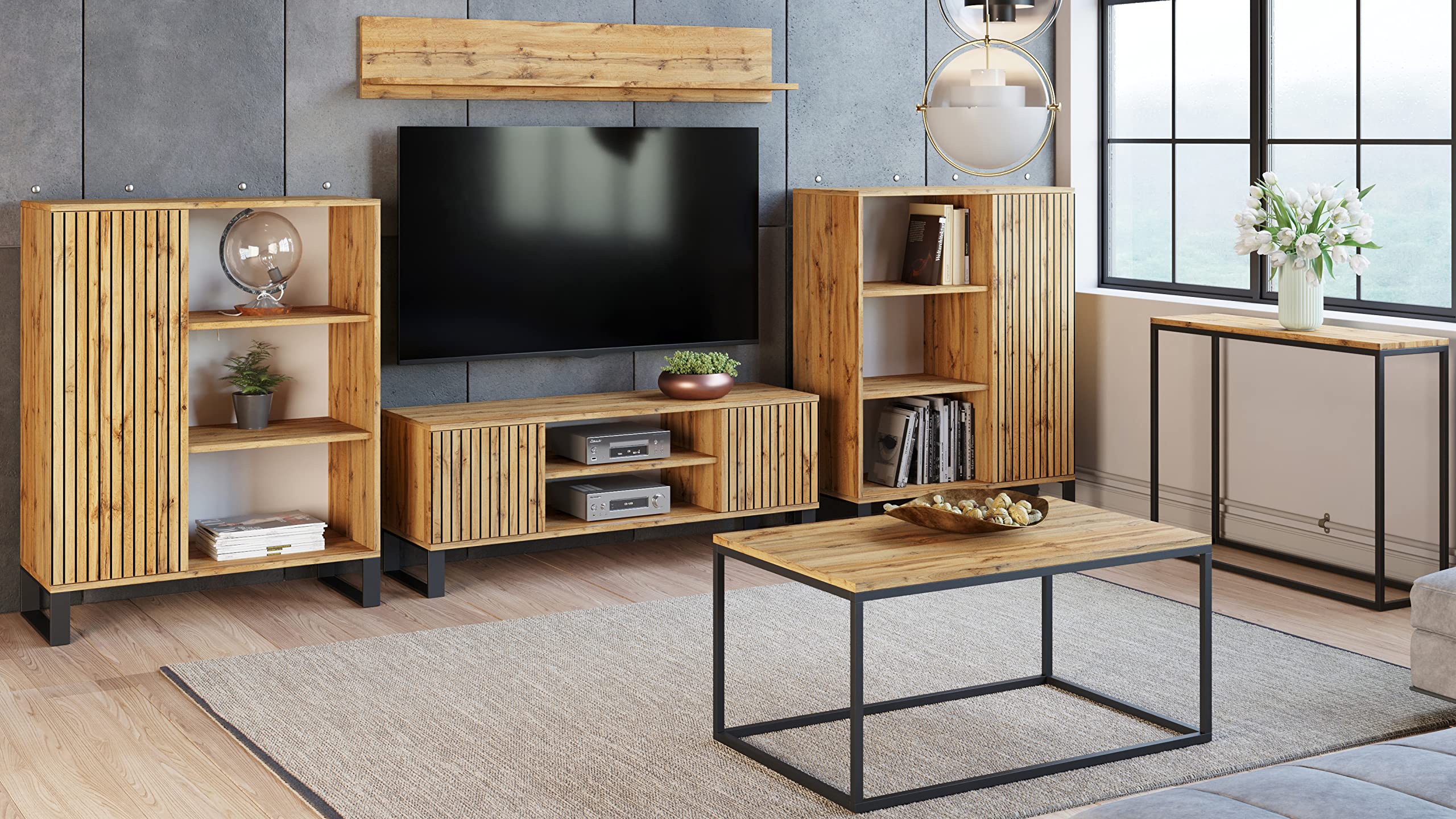 KOBI TV Schrank Focus | 135 x 40 x 49 cm | TV Tisch Industriestil | Industrial Style Fernseher Schrank | TV Möbel Wohnzimmer Schränke Fernsehtisch | RTV Unterschrank | Fernsehschrank Lowboard