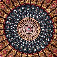 Vista 3 de Bless International - Tapiz de cama para colgar en la pared con mandala de pavo real bohemio y psicodélico (azul dorado, rosa, tamaño Queen