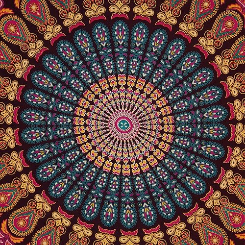 Miniatura 134 de Tapiz hippie indio bohemio psicodélico dorado mandala de pavo real azul dorado para colgar en la pared (naranja marrón, King (88 x 104 pulgadas)