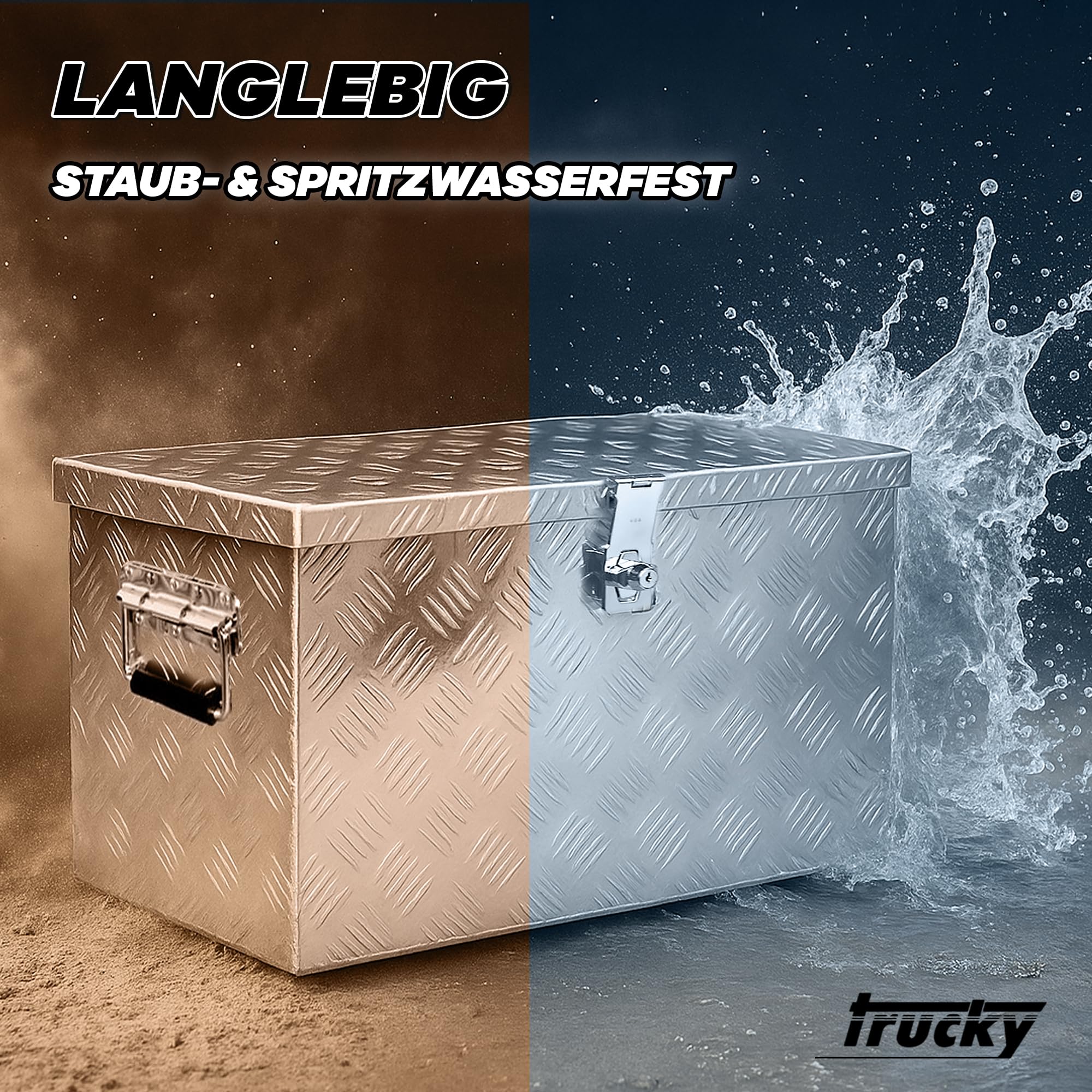 Trucky Skrzynka na samochód z aluminium, model D040, 59 x 25 x 31 cm, zamykana, wytrzymała blacha ryflowana, łącznie z zestawem montażowym, do warsztatu, samochodu, hobby