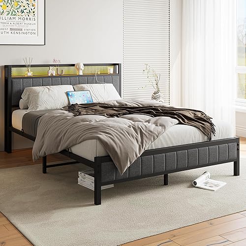 Miniatura 3 de BOFENG Base de cama Queen con cabecera de almacenamiento, estación de carga USB, luces LED, marco de cama de metal con plataforma, tamaño Queen con