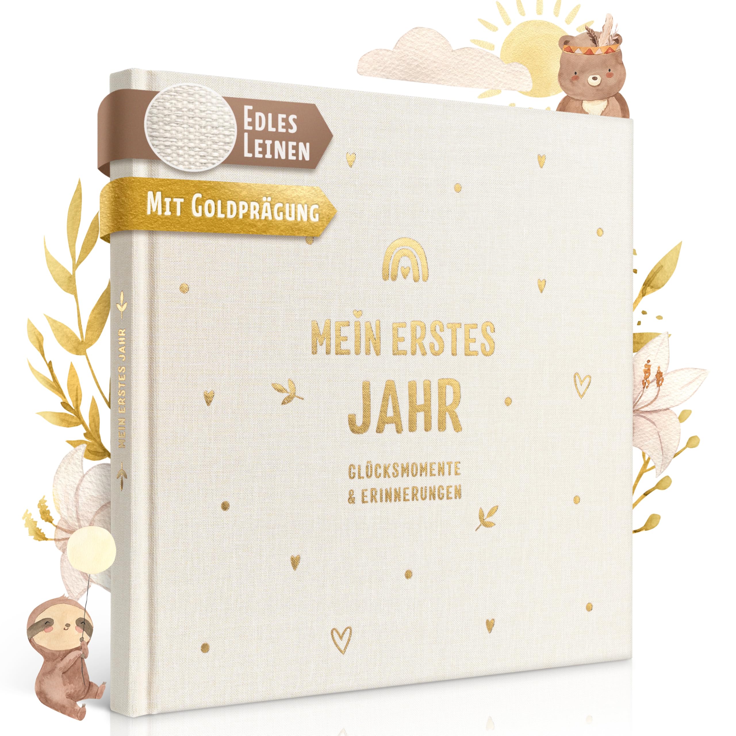 EULENTALER® Baby Diary - My First Year I Real Linen Cover with Gold Embossing I Designed by Educators I Hand-Painted Cute Illustrations in Boho Style I 21 x 21 cm I Baby Album — image 1