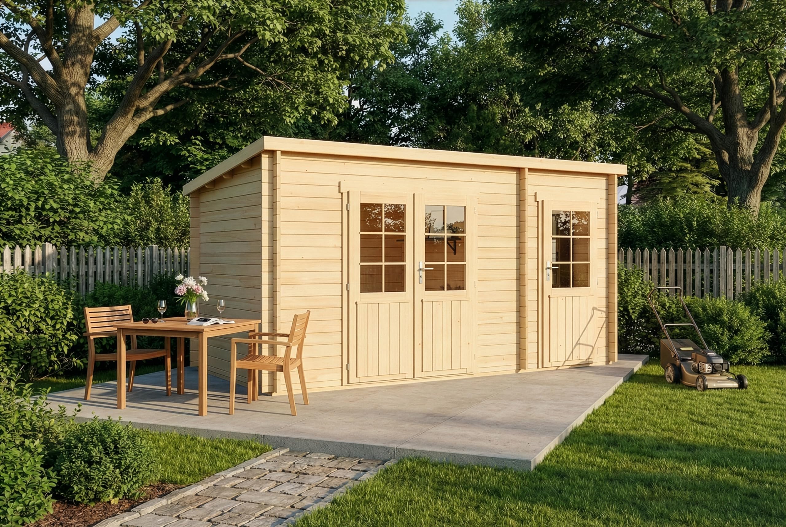 Alpholz Gartenhaus Maria aus Holz in Naturbelassen, 28 mm Wandstärke mit 2 Räumen 450 x 250cm Pultdach
