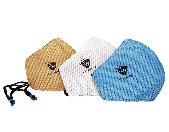 DEFEND99 Self Sanitizing 3 Layer Reusable Face Mask For Men Women ? Sky Blue, Beige, White 3-Piece