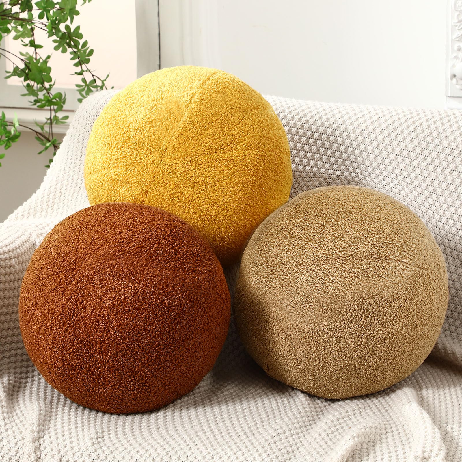 Suzile 3 Pcs Round Ball Pillows Decorative 13.8 Inch Circle Fluffy Plush Throw Pillow Inserts for Bedroom Living Room Couch Bed Home Decoration (Brown