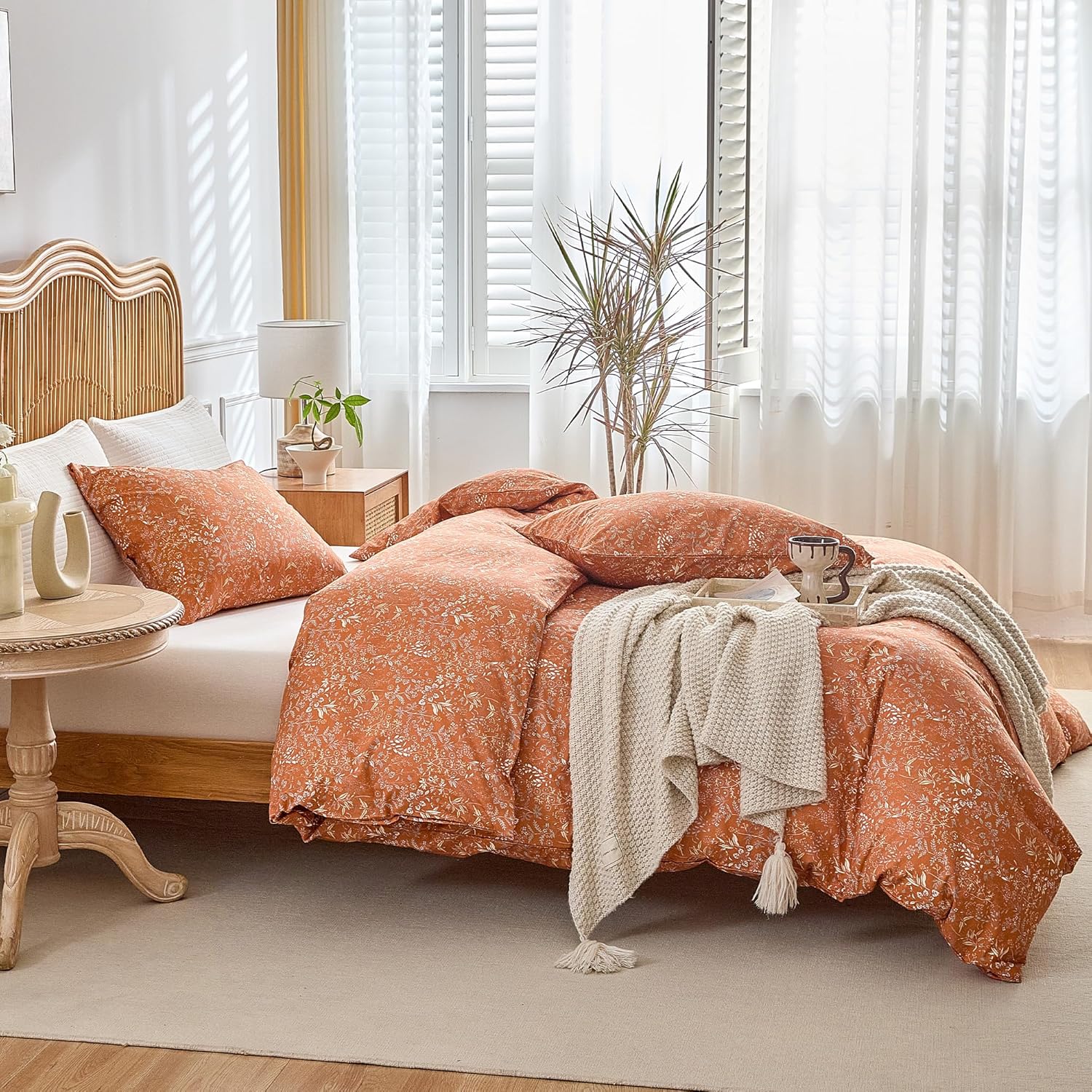 AMWAN Queen Size Comforter Set Burnt Orange, 3 Pieces Queen Terracotta Bedding Sets, Vintage Botanical Bedding Set, 1 Comforter with 2 Pillowcases, Aesthetic Floral Comforter Set for All Seasons - Image 6