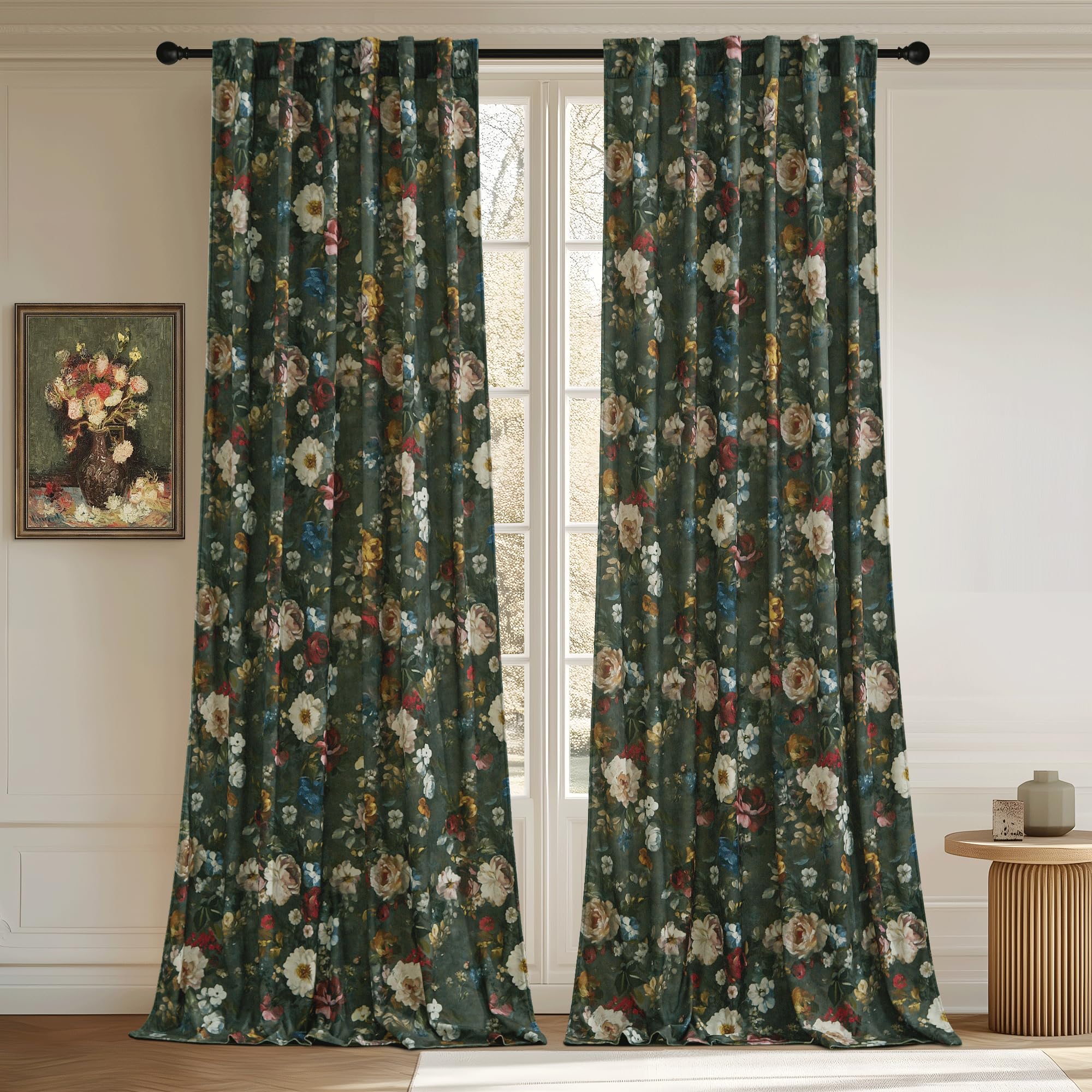 StangH Green Vintage Curtains for Living Room, Super Soft Velvet Bedroom Curtains with Floral Printing Back Tab Boho Thermal Insulated Window Drapes
