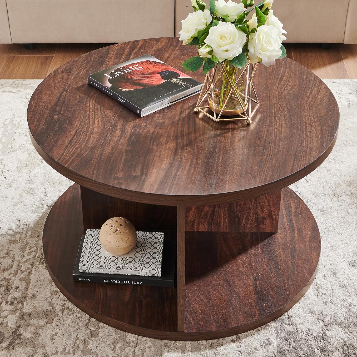 ACCOHOHO 32" Modern Round Coffee Table, Wood Circle Center Table with 4 Open Storage Cubbies & Cross Support Structure, Small Cocktail Table for Living Room, Apartment, Dark Walnut