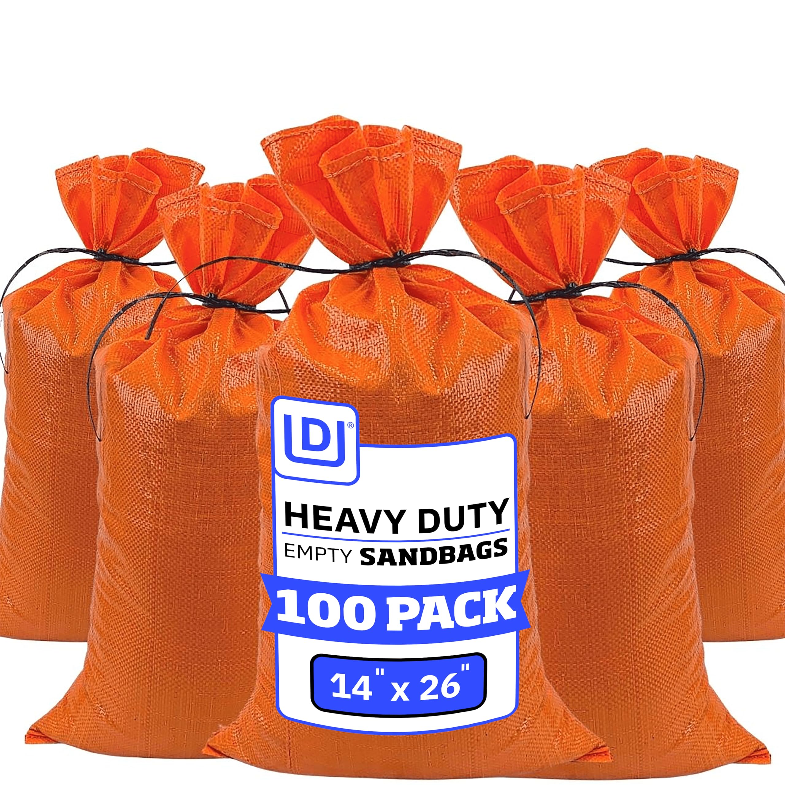 DURASACK Heavy Duty Sand Bags with Tie Strings Empty Woven Polypropylene Sandbags for Flood Control with 1600 Hours of UV Protection, 50 lbs Capacity, 14x26 inches, Orange, 100 sandbags