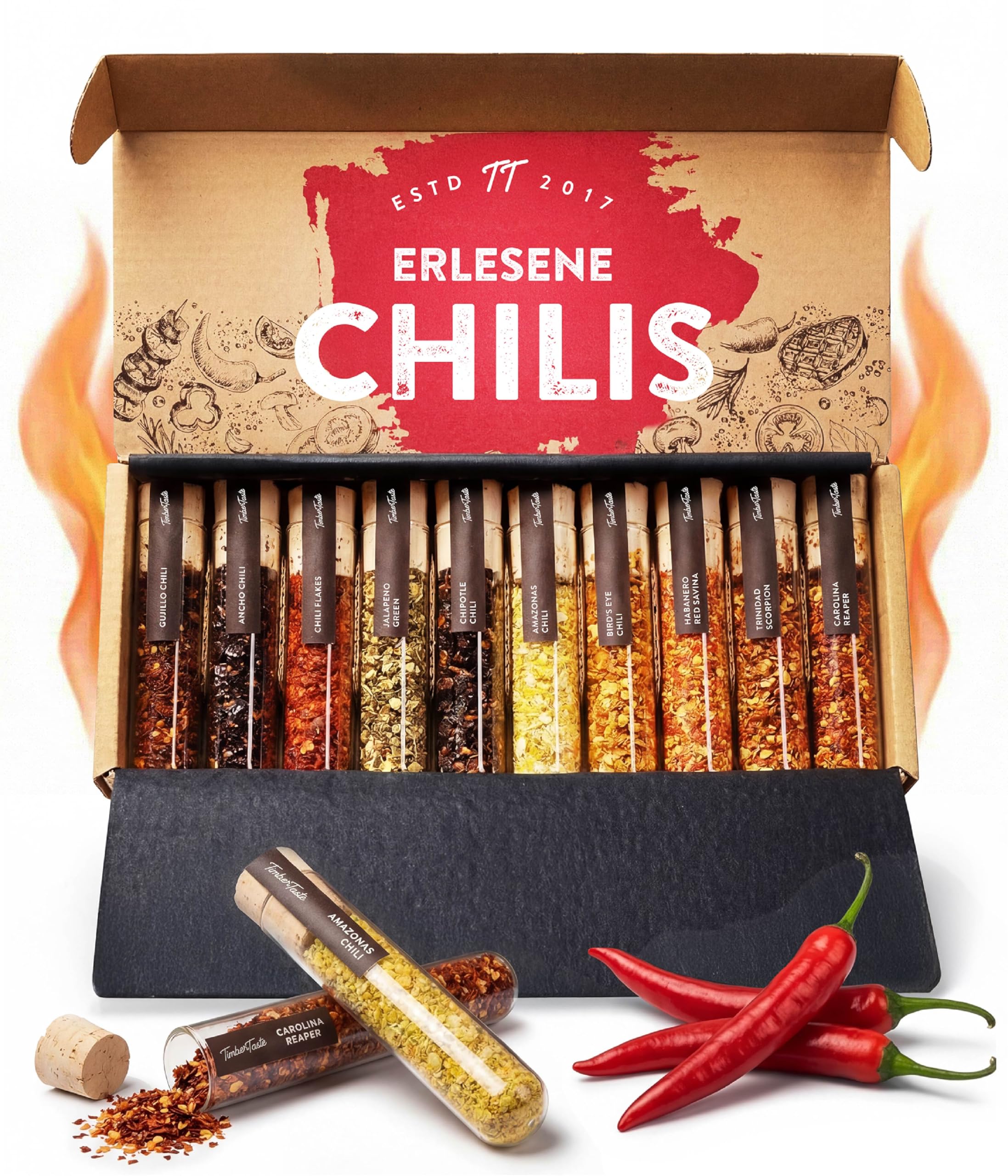 TIMBER TASTE® Chili Geschenkset 10er - Scharfe Gewürze bis 1,2 Mio Scoville Reaper Trinidad Scorpion Habanero Ghost Pepper