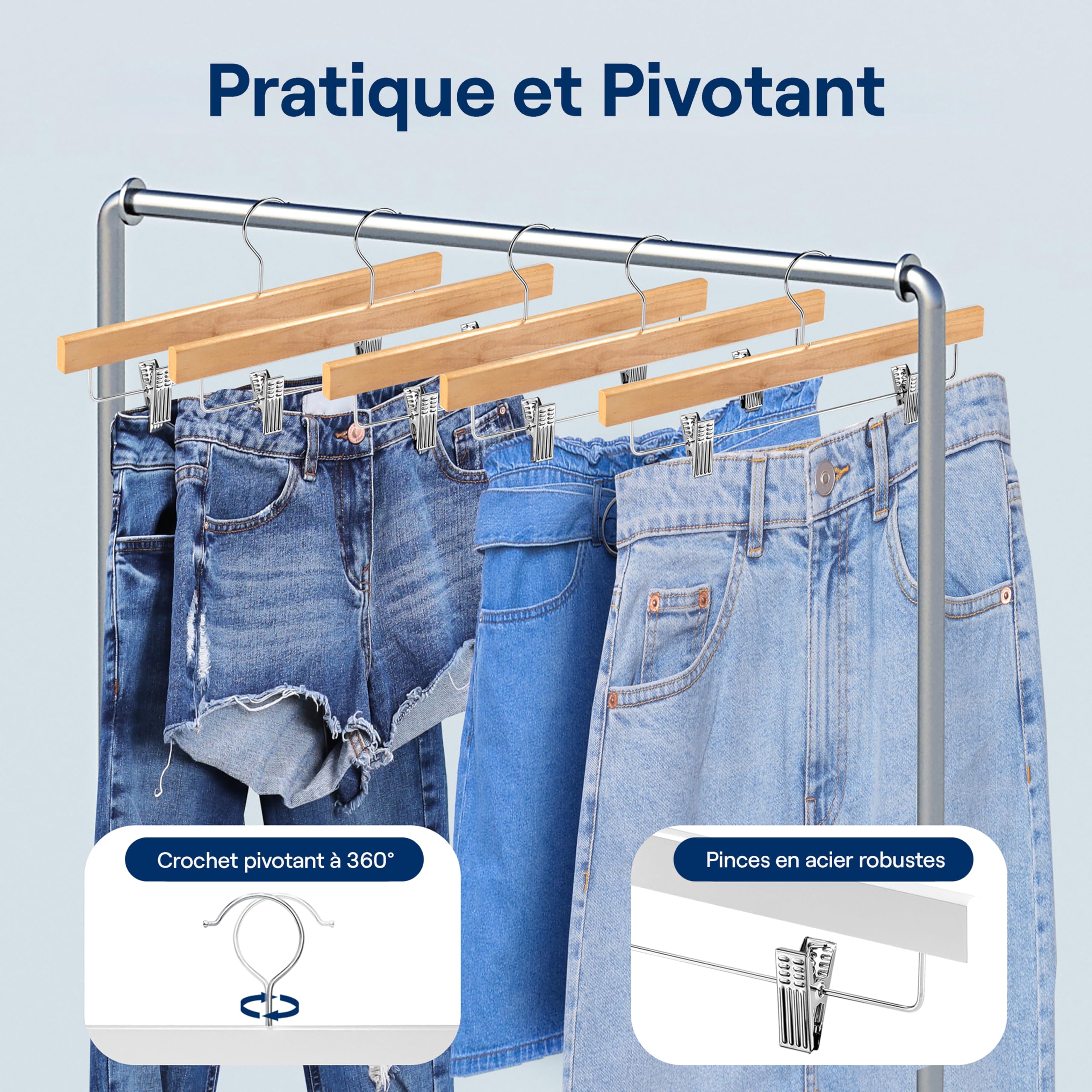 Serenelife Cintres en Bois avec Pinces - Cintres Pantalons, Jupes, Jeans, Uniformes - Crochets Pivotants 360°, Pinces Réglables, Finition Bois Naturel, Lot de 20