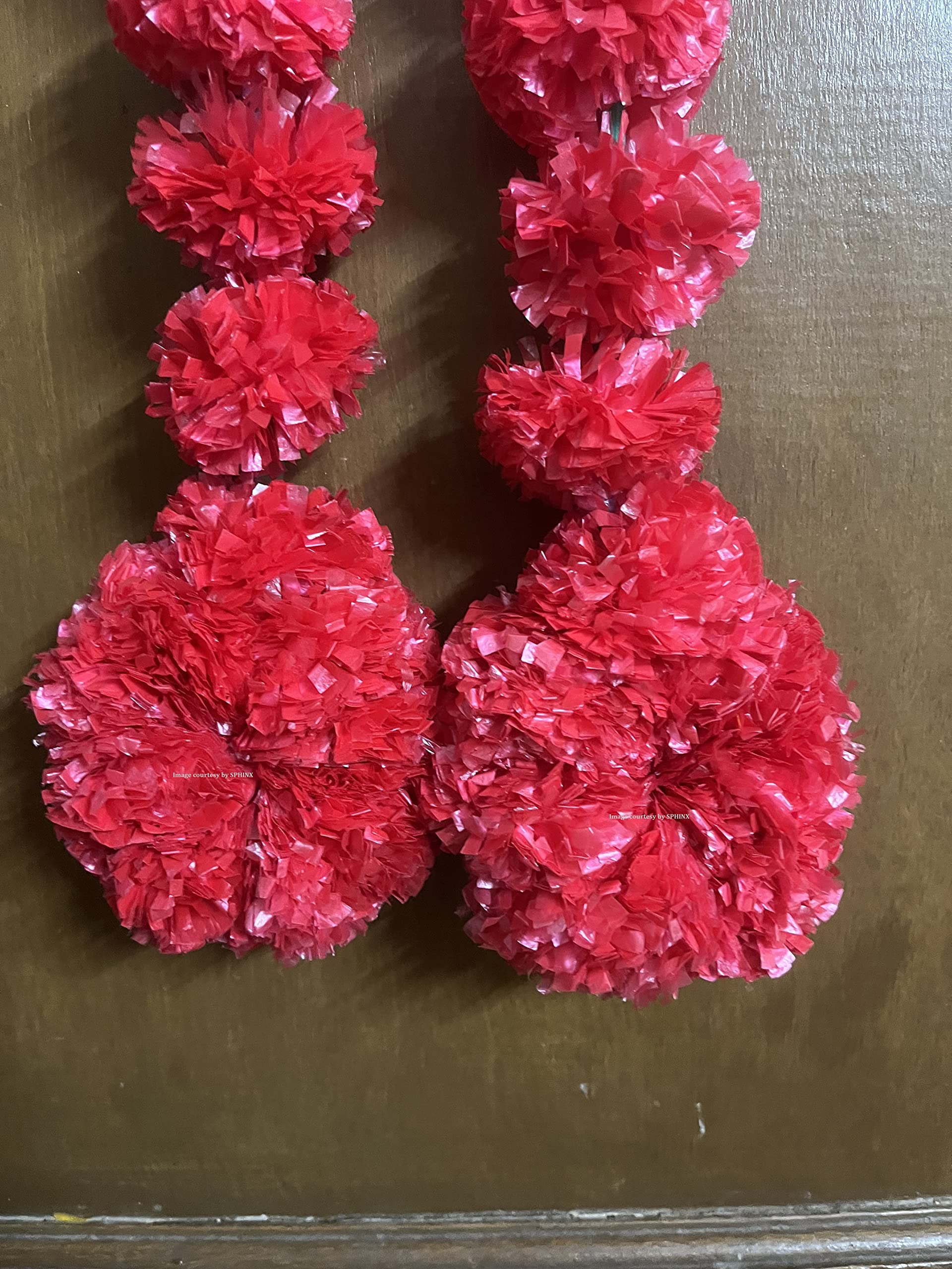Sphinx artificial marigold fluffy flowers round bottom garlands/strings/latkans for festive pooja wedding housewarming decorations Approx. 1.75 ft - (Red, 5)