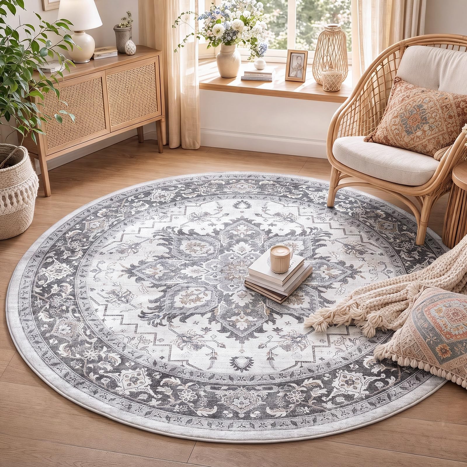 AMADA HOMEFURNISHING runder Teppich 120 cm, waschbarer Teppich Wohnzimmer rund mit Rutschfester Rückseite & langlebiger Kantenbindung, Vintage Teppich rund für Schlafzimmer & Esszimmer, braun
