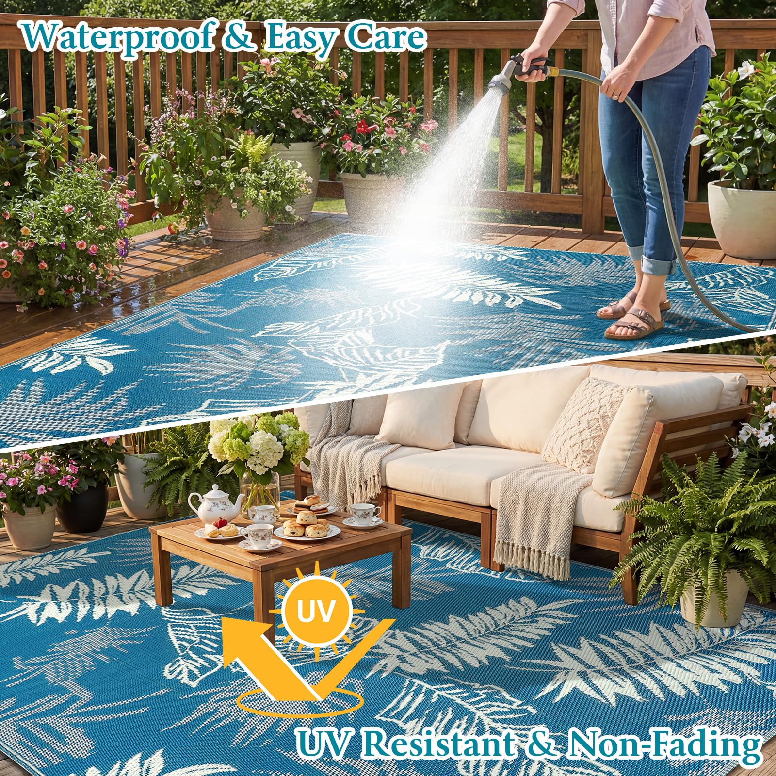 Alfombra Exterior Impermeable, Plegables Alfombra Terraza Exterior 270x365 cm, Reversible Plástico Alfombras de Exterior para Jardín, Picnic, Balcón, Barbacoa