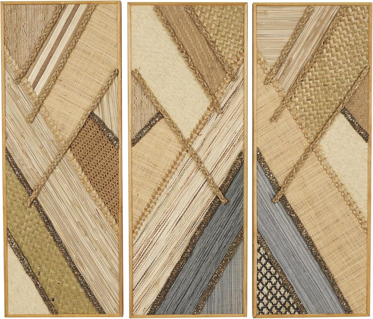 Deco 79 Wooden Geometric Handmade Home Wall Decor Textured Mixed Media Diagonal Wall Sculpture, Set of 3 Wall Art 12" W, 32" H, Brown