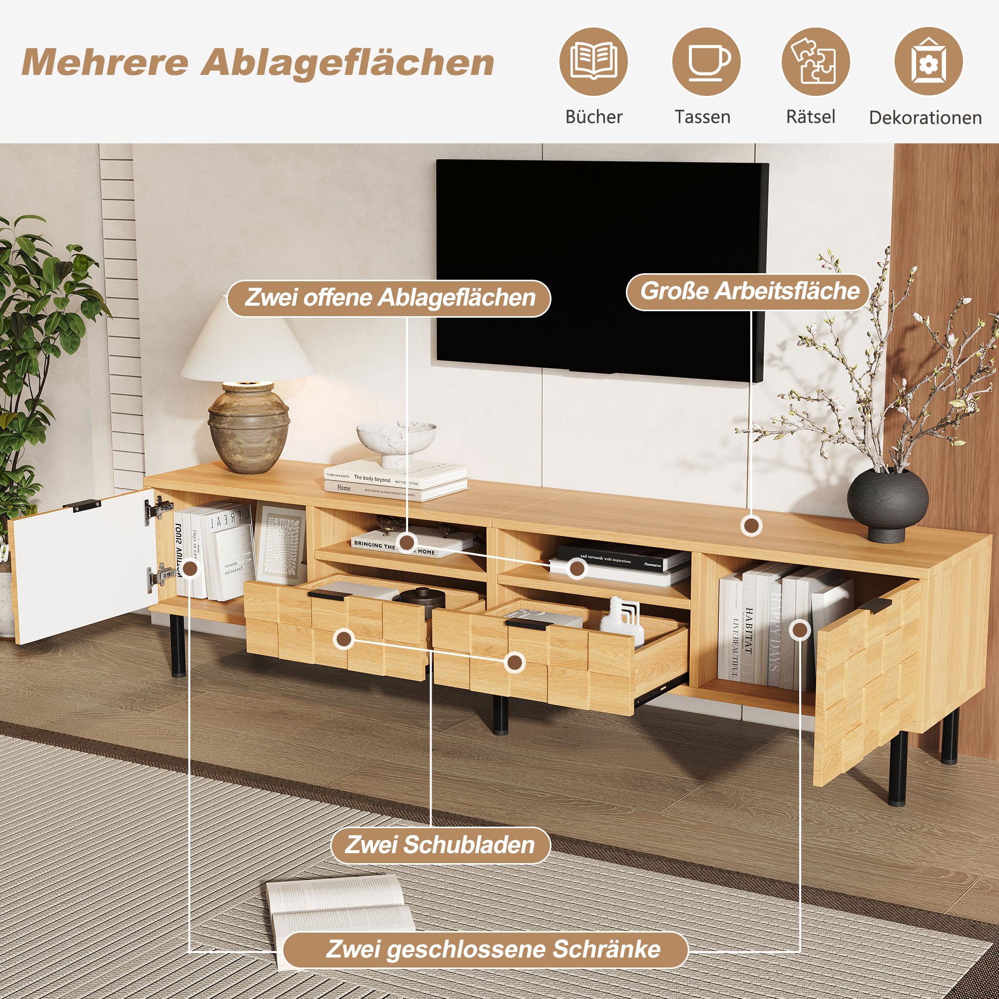 Gecheer TV Lowboard 200x35x44,5cm mit Schubladen Flügeltüren Naturholz