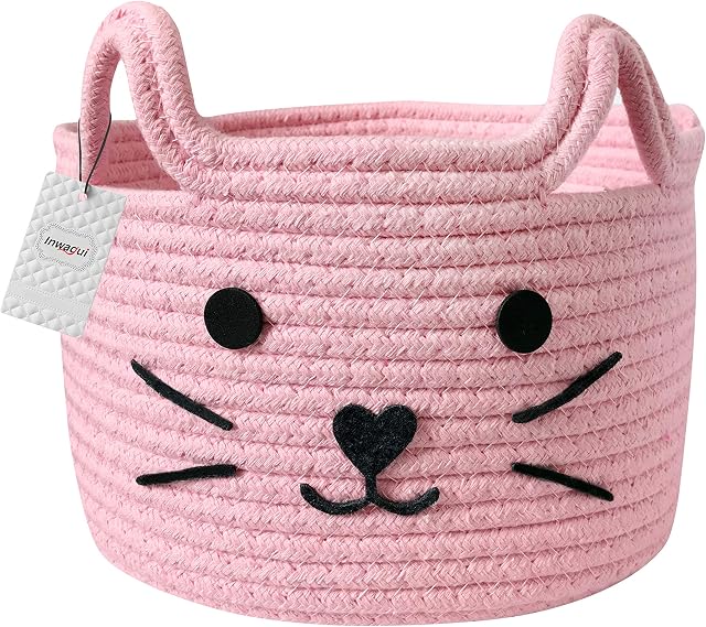 Inwagui Cotton Rope Basket Collapsible Nursery Baby Hamper Cute Cat Storage Box with Handles Office Desk Organizer Home Decor - Pink