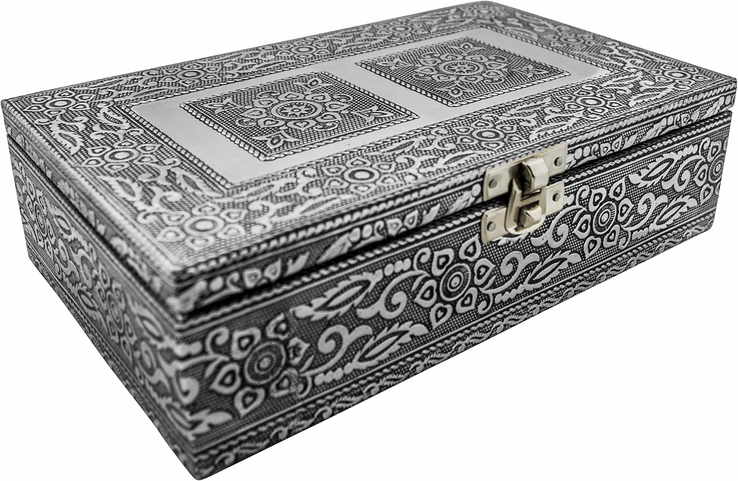 VGI Elegant Jewelry Box with Hammered Metal Cladding and Soft Fabric Interior (Flower, Silver Finish)