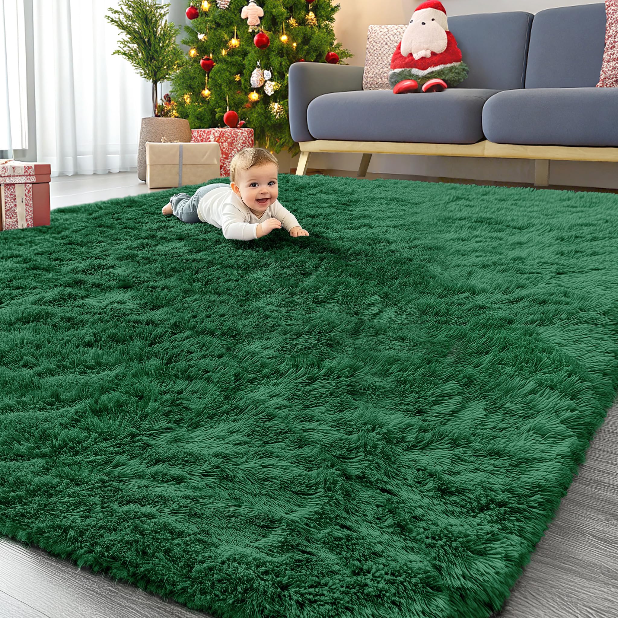 OLANLY 9x12 Machine Washable Large Area Rugs for Living Room, Bedroom, Soft Fluffy Shaggy Bedside Rug, Indoor Floor Carpet for Kids Girls and Boys, Dorms, Nursery, Home Decor Aesthetic, Dark Green