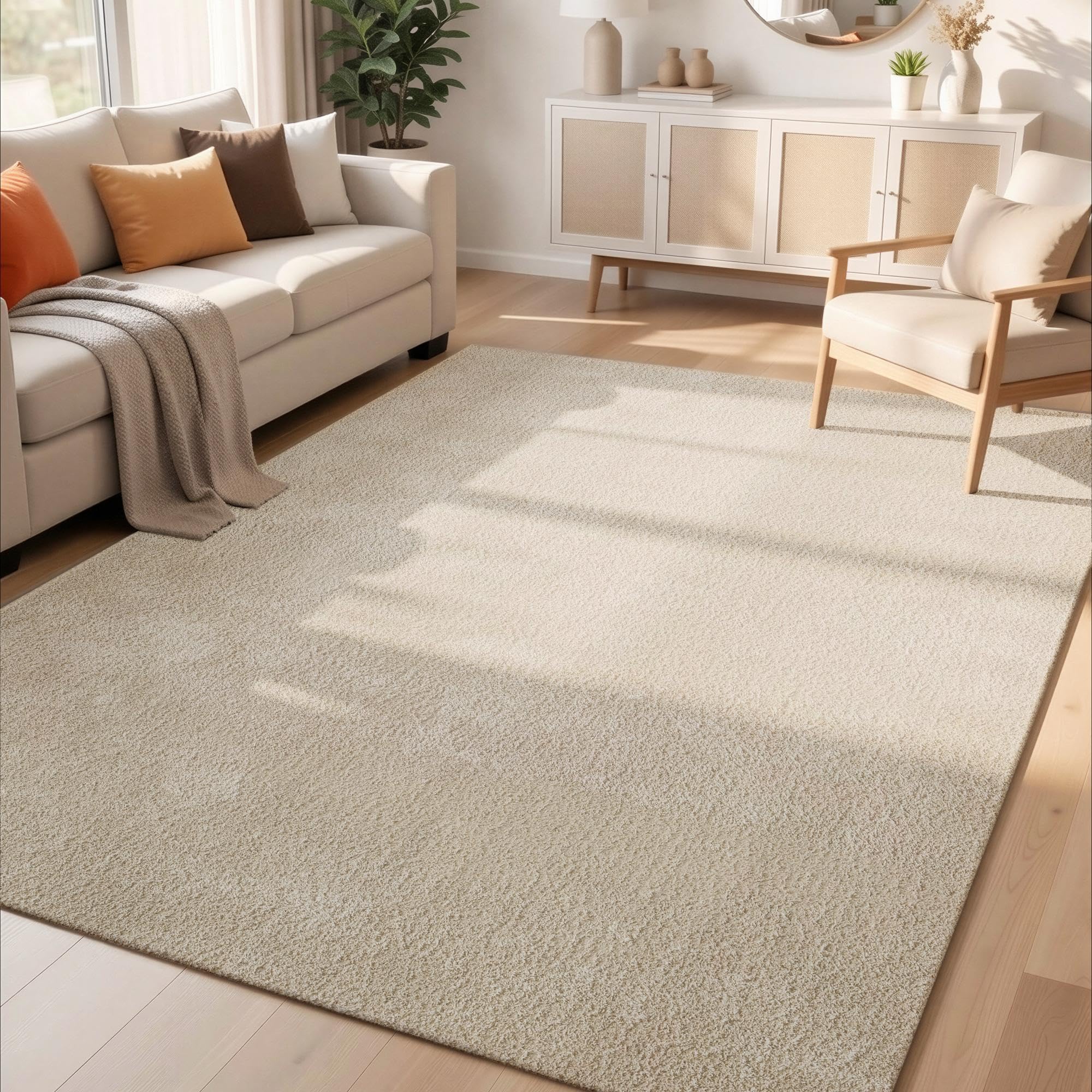Rugs by Desire Comfy Washable Modern Living Room Rug Polyester Plain Indoor Area Rug with Low Pile - Anti-Slip Felt Backing SuperSoft Carpet Bedroom-Hallway, Light Beige, 200x280 cm