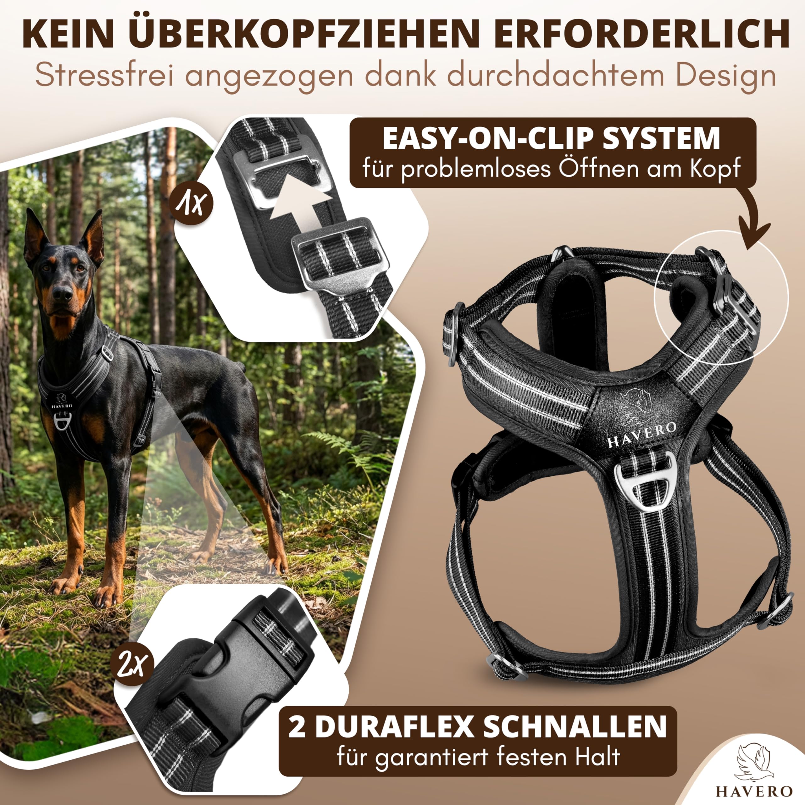Hundegeschirr Easy-On-Clip – [Kein Überkopfziehen] | Anti-Zug Y-Geschirr Gepolstert Reflektierend Atmungsaktiv Brustgeschirr – kleine, mittelgroße & Grosse Hunde Geschirr (Schwarz, M)