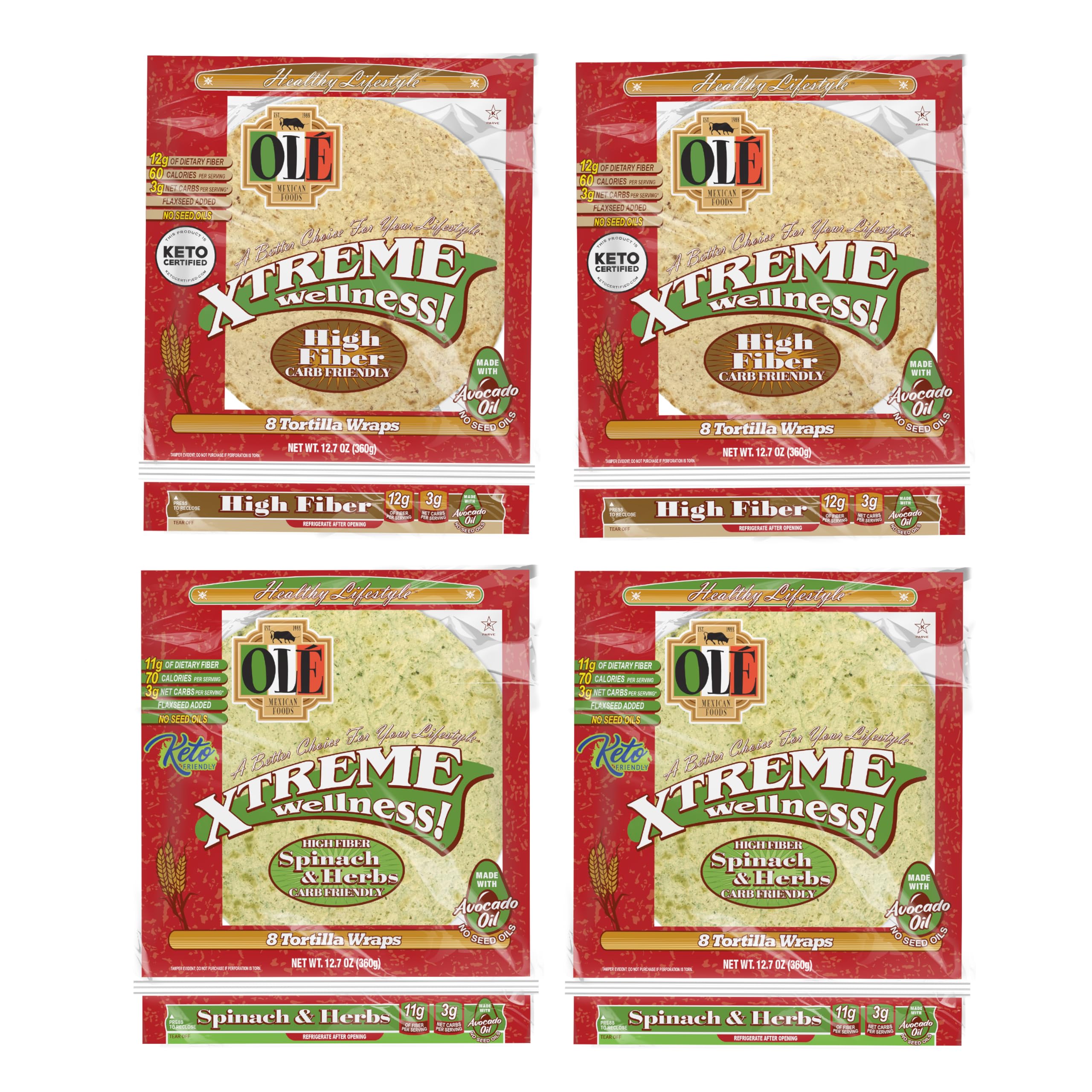 Olé Xtreme Wellness® Variety Flavors | 8" Flour Tortillas |Low Carb |Keto Friendly | 12.7 oz.| 8 Count (4 pack)