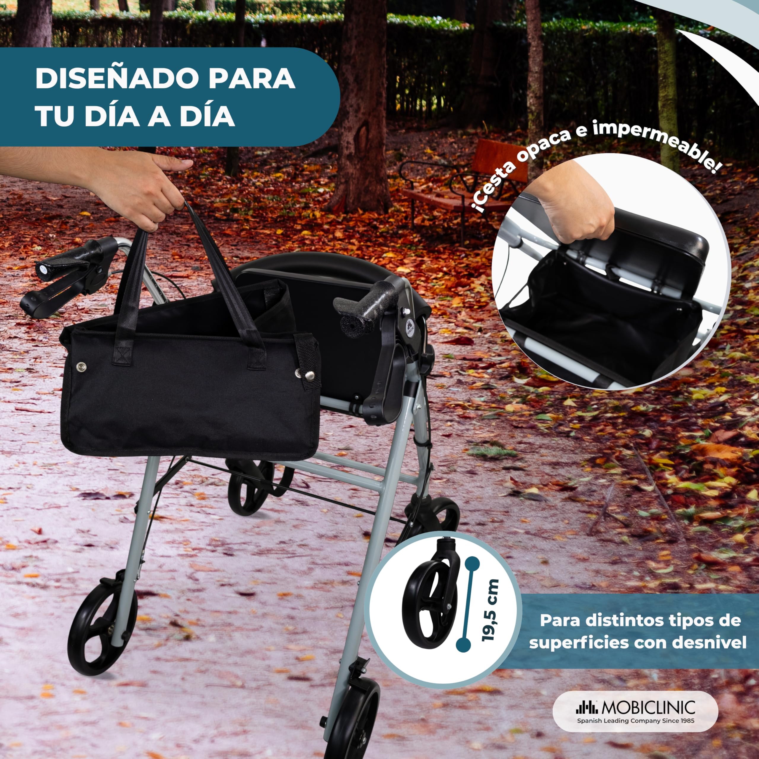 Mobiclinic®, Andador para ancianos, Ruedas grandes calle, Plegable, Con cesta de tela y asiento, Fabricado en aluminio, Ligero, Resistente, Freno manetas, Marca española, Modelo sofía, Gris