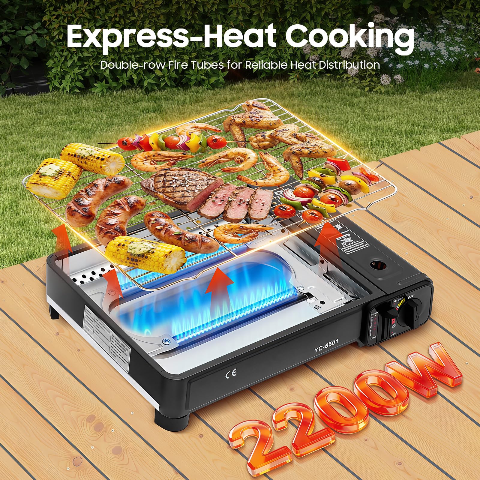 Barbecue a gas portatile da 2,2 kW con 2 bruciatori, fornello a gas da campeggio con accensione piezoelettrica, vassoio raccogli grasso e borsa per il trasporto, protezione da sovrapressione