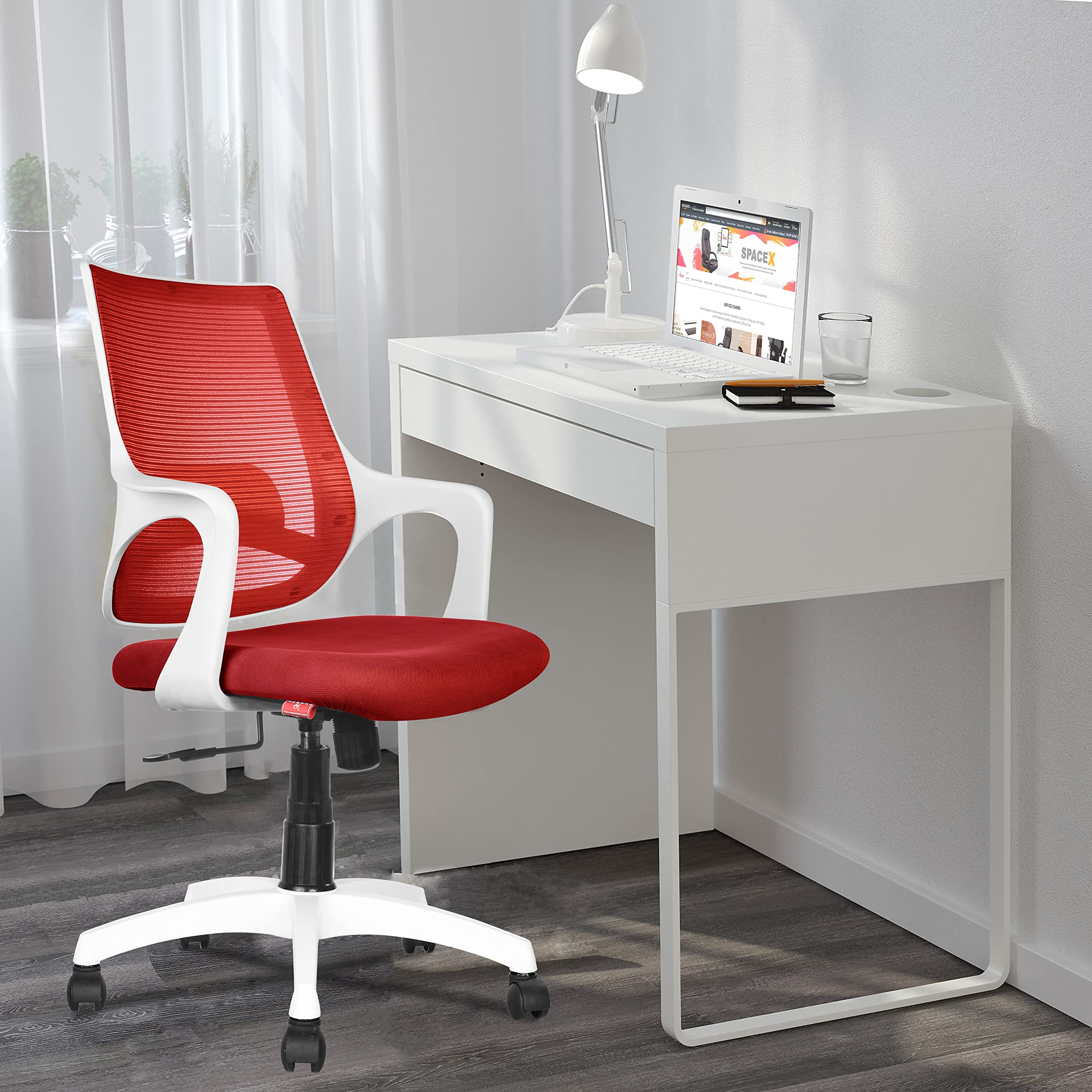 ROSE® Mono | 3 Years Brand Warranty | Ergonomic Office Chair, Study Chair, Revolving, Rolling, Desk, WFH, Task, Home & Work Chair (White & Red)