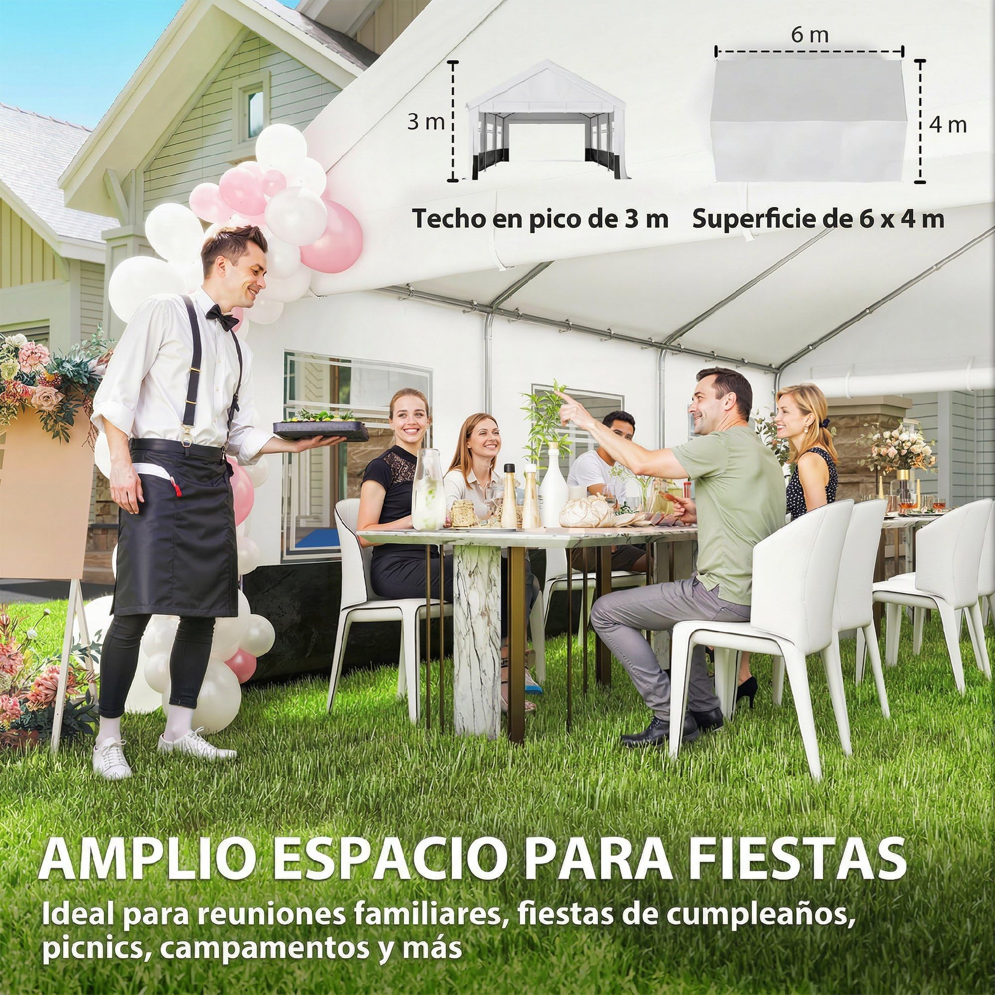 Outsunny Carpa para Fiesta 4x6 m Estructura Acero Galvanizado Gris y Blanco