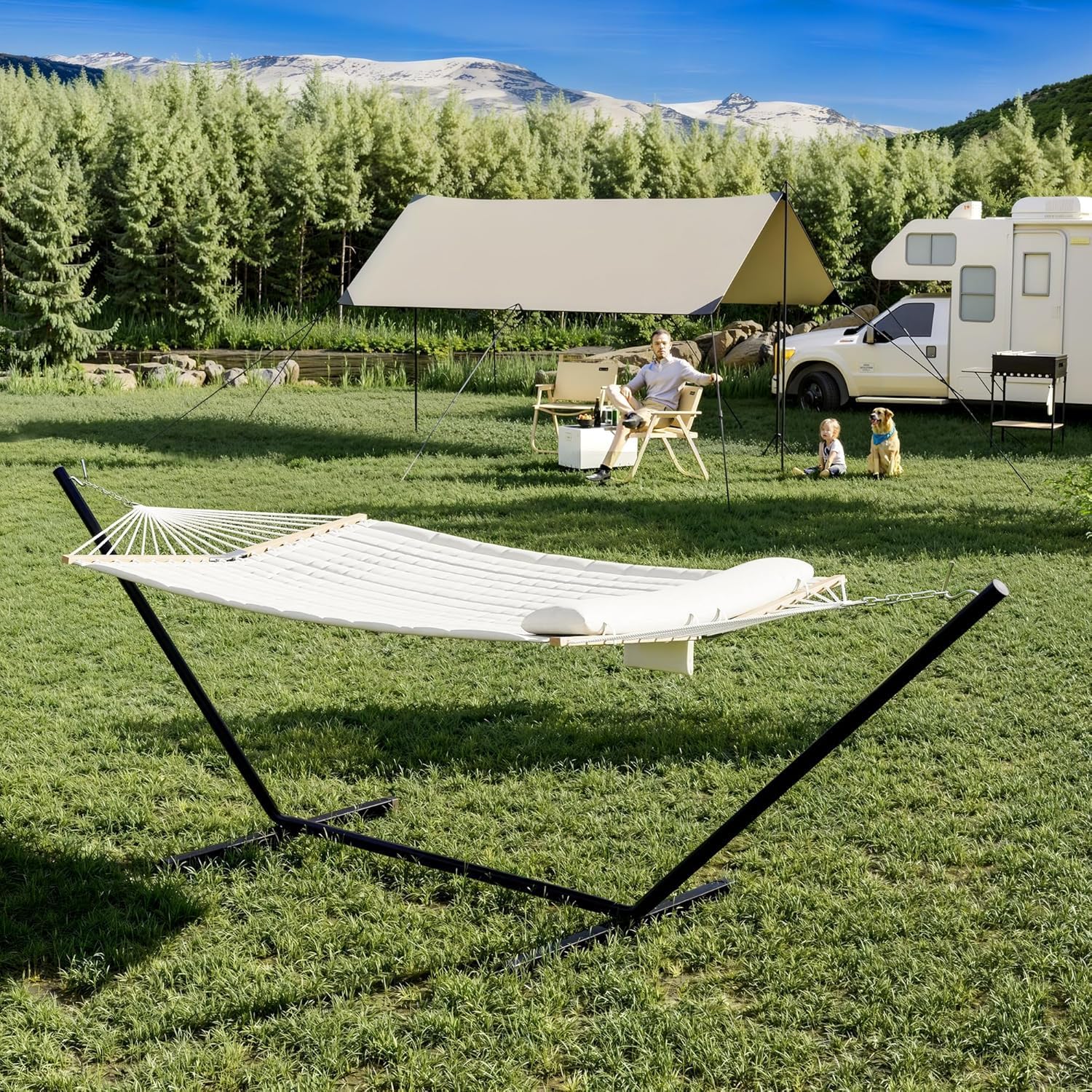 Aptliton Double Hammock with Stand, 2 Person Heavy Duty Hammock with Pillow & Carrying Bag, 12FT 365CM Anti-Tip Steel Frame for Garden Patio Beach, Beige