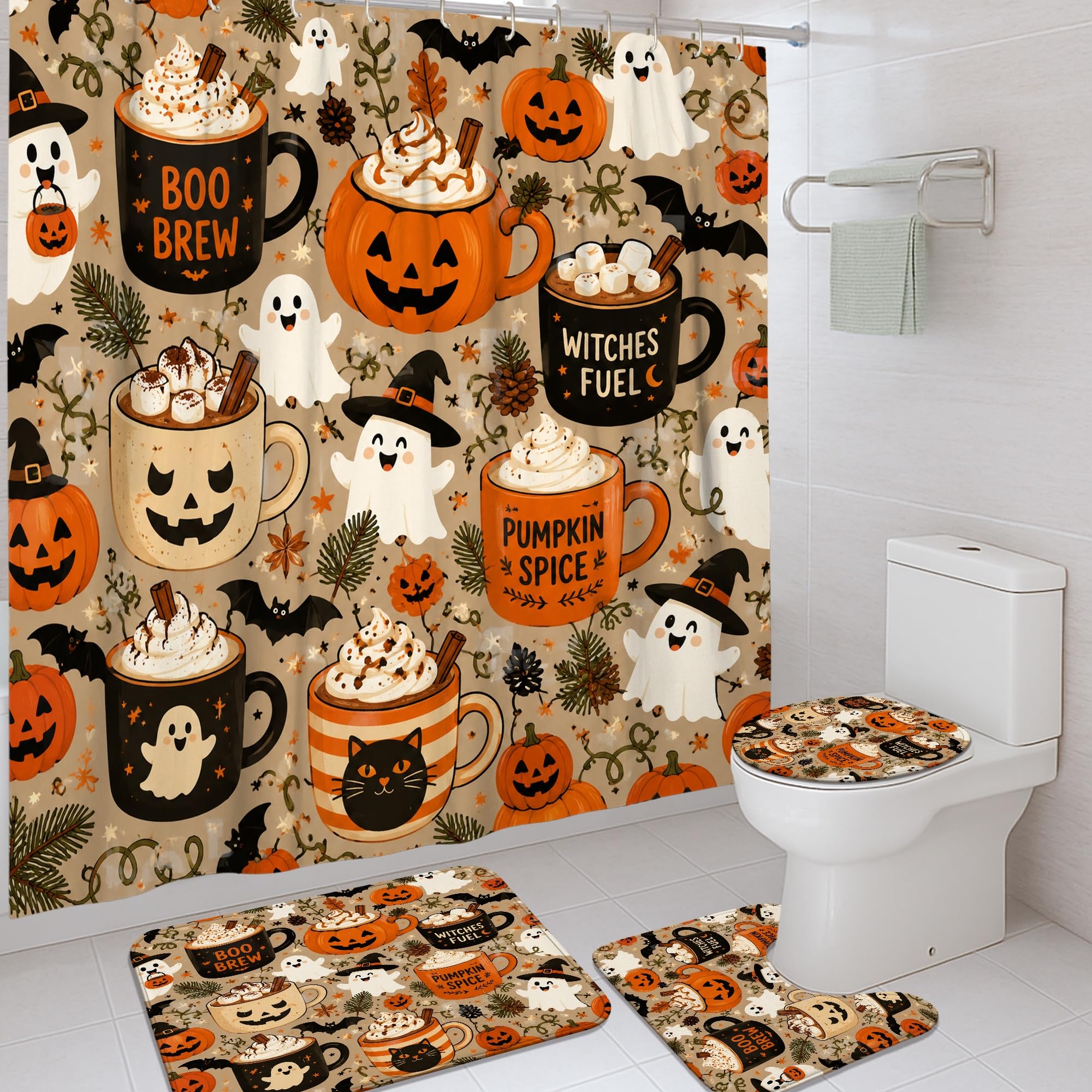 Rideau de douche imperméable anti-éclaboussures avec tapis de bain Halloween