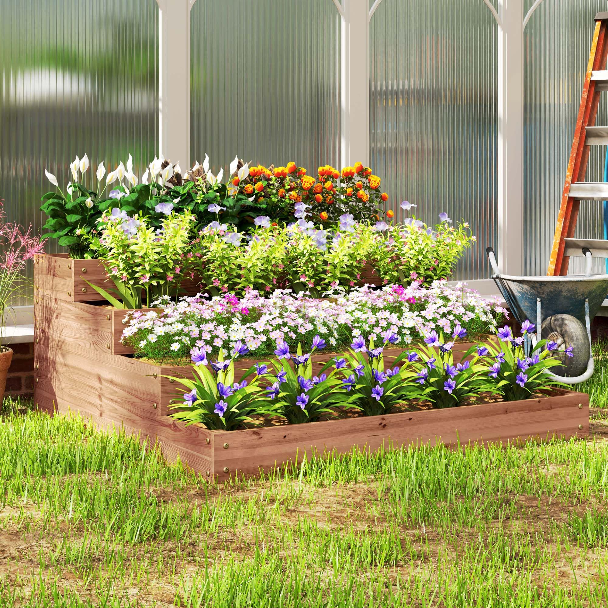 Outsunny Orto Rialzato da Esterno a 4 Livelli in Legno di Abete, Fioriera da Balcone con Fondo Aperto e Fodera in Tessuto, per Piante, Fiori e Verdure, per Giardino Balcone, 113x113x46 cm, Caffè Scuro