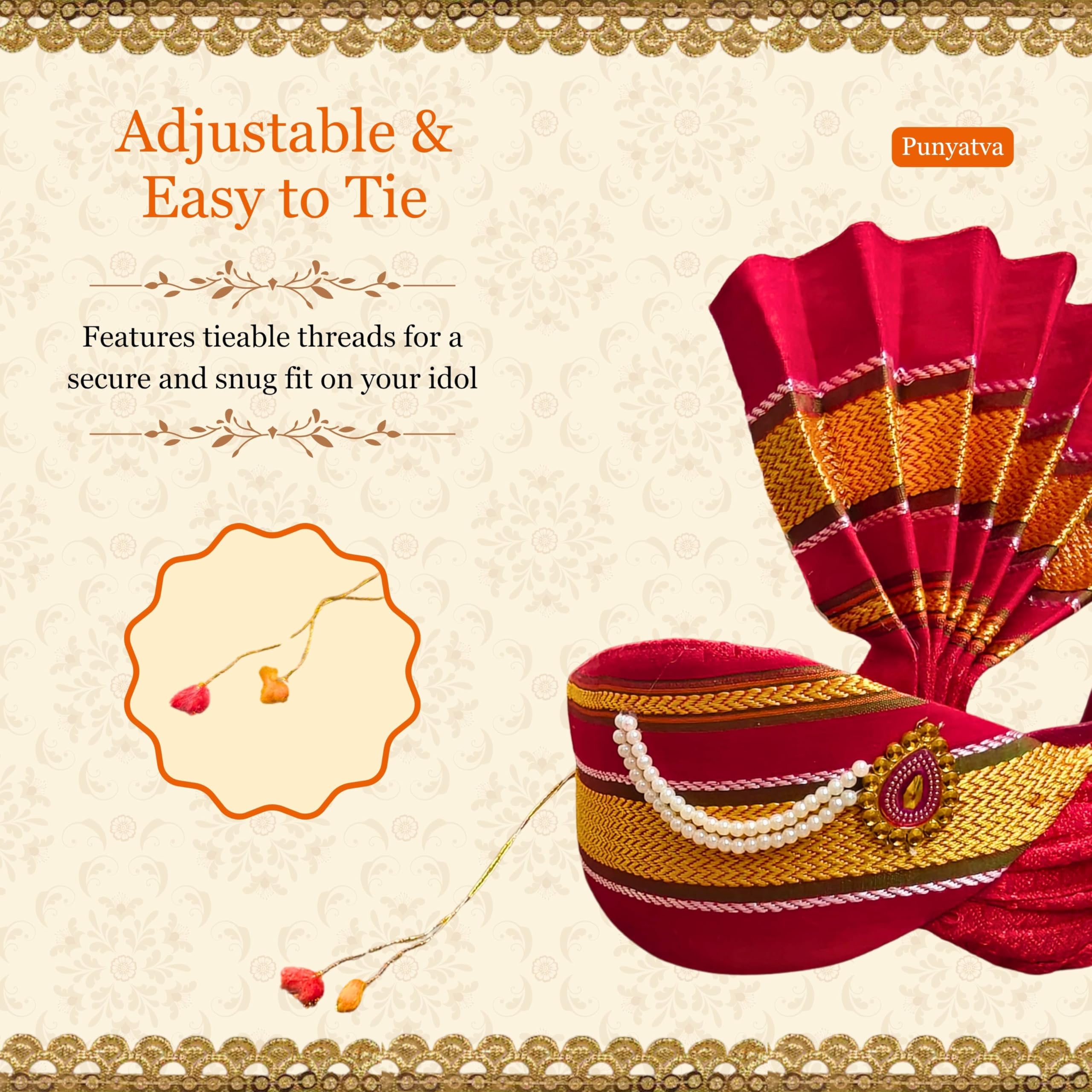 PUNYATVA Ganesh Feta Mukut (Turban, Khun, Red) / Adjustable Ganesh Pheta, Gauri Ganpati Festival Decoration Accessories, Ganpati Jewellery, Crown, Makhar, Traditional Pagdi, God Idol Headgear 3
