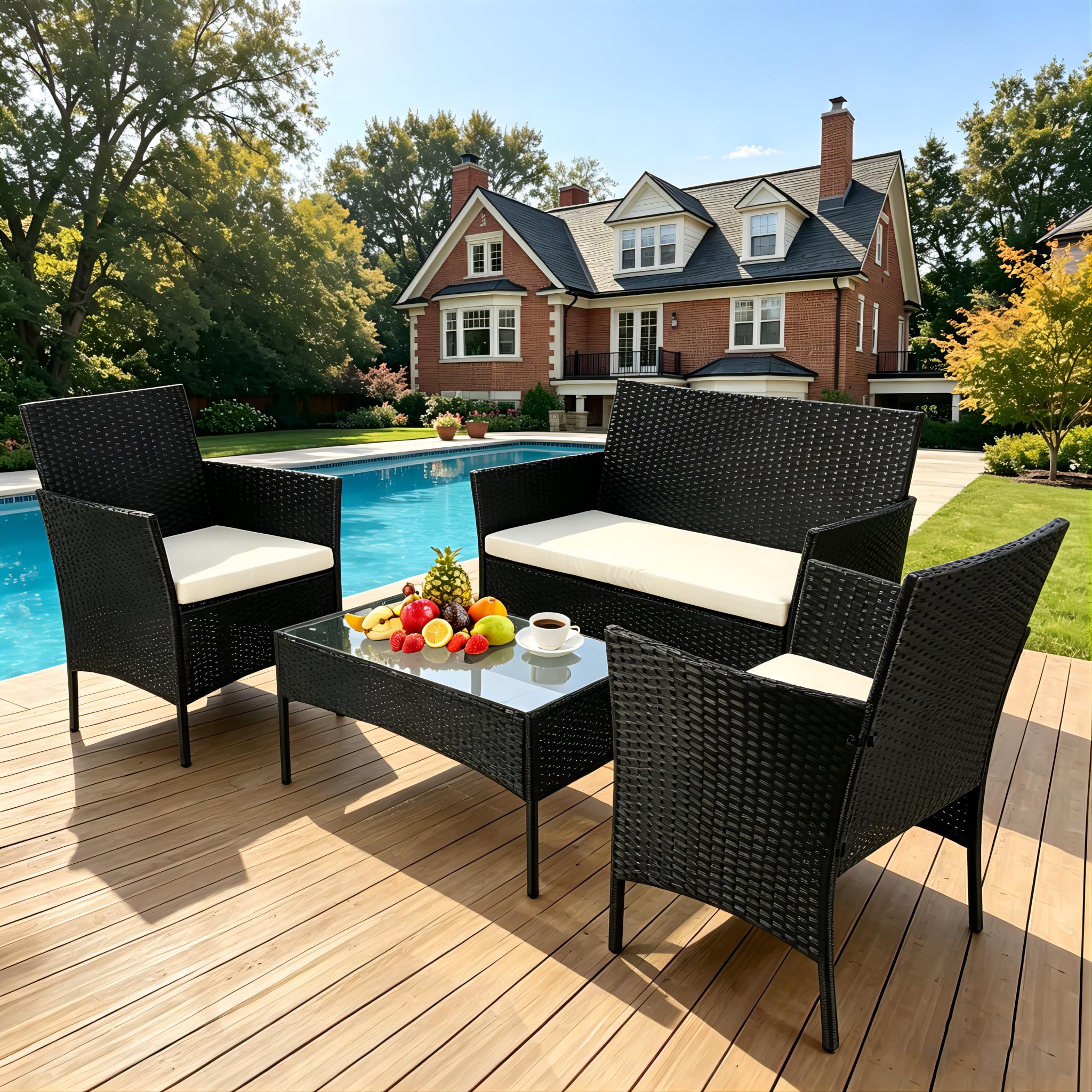 Quipulse 4-Piece Rattan Patio Furniture Set, Outdoor Patio Wicker Sofa Set with Glass Top Coffee Table & Cushions, Rattan Garden Furniture Set, Weatherproof Conversation Set, for Garden, Patio, Balcon