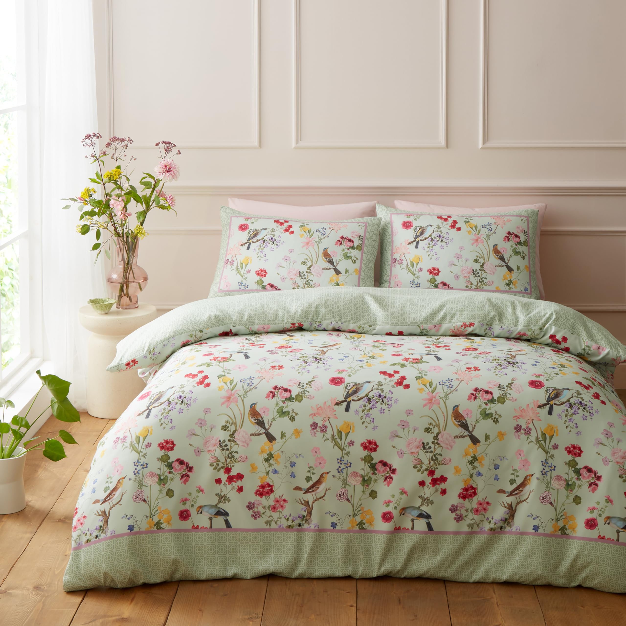 Catherine Lansfield RHS x Birds In Bloom So Soft Double Duvet Cover Set with Pillowcases Green